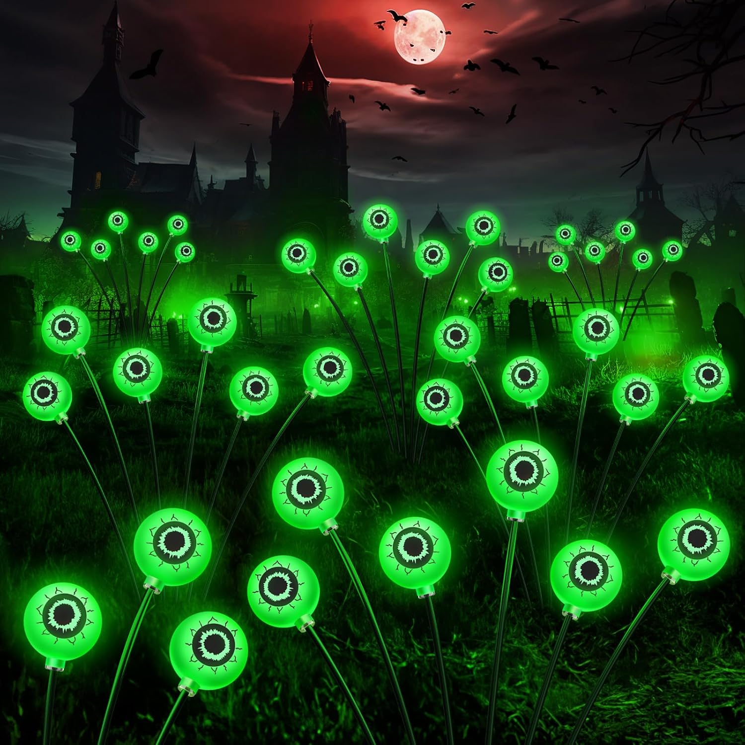 Halloween Decorations Outdoor Solar Lights, 4 Pack 24LED Scary Eyeball Solar Halloween Lights, 2 Mode Waterproof Swaying Outside Decor, Solar Patbway Light for Yard Garden, Green