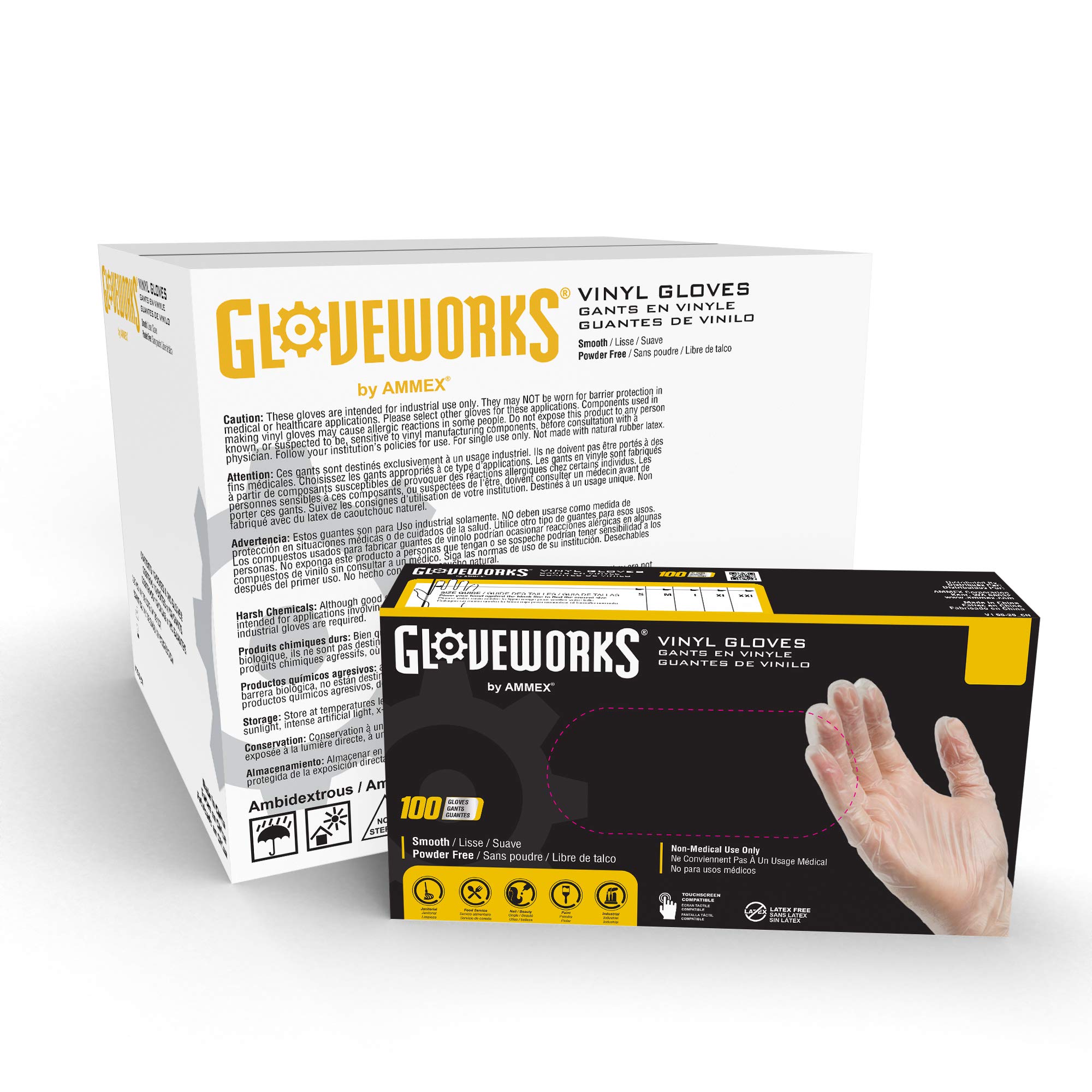 GLOVEPLUS AMMEX Industrial Clear Vinyl Gloves, Latex Free, Powder Free, Food Safe, Disposable, Non-Sterile