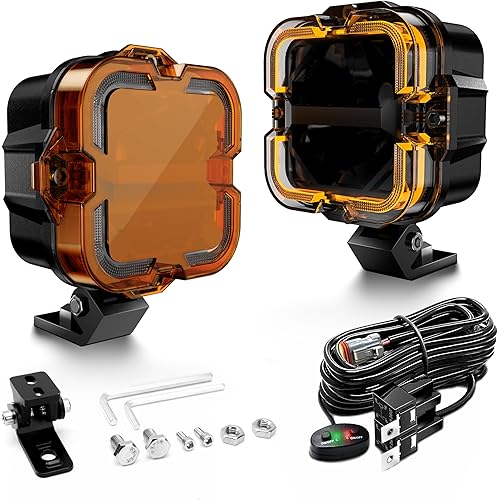 SPL 4" Off Road Lights with Amber Covers, 90W 12000LM LED Pod Lights with Amber DRL & Hi/Lo Beam, Auxiliary Driving Light Led Cube with DT Wiring Harness for Trucks Jeep Pickup SUV ATV UTV, 2PCS