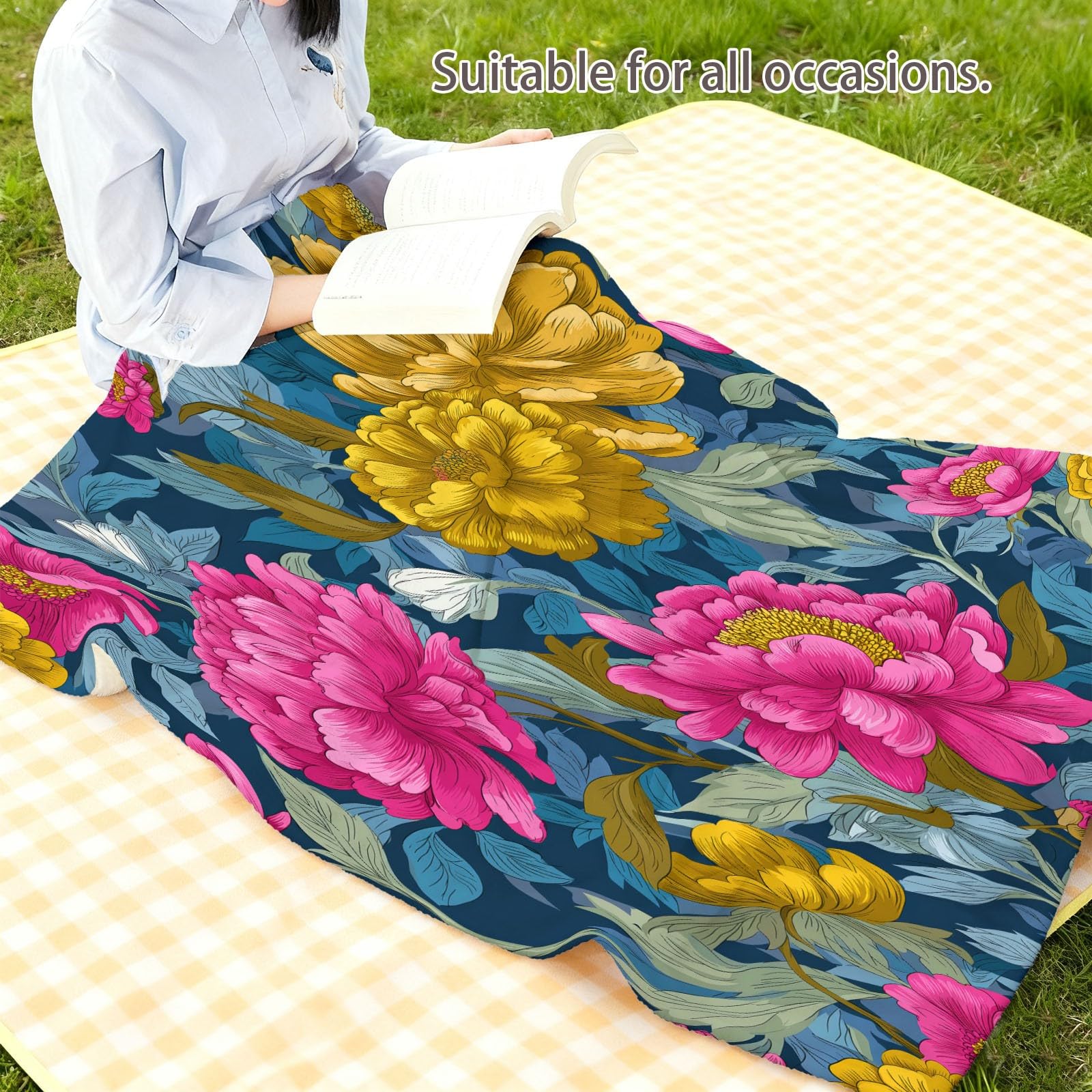Style Rétro Couverture Flanelle Fleurs Dessinées À La Main 180 x 200 cm Douce Moelleuse Flanelle Couverture de Lit, Vert Foncé Plaid Polaire Jeté de Canapé Convient Adultes et Enfants Chaud en Hiver