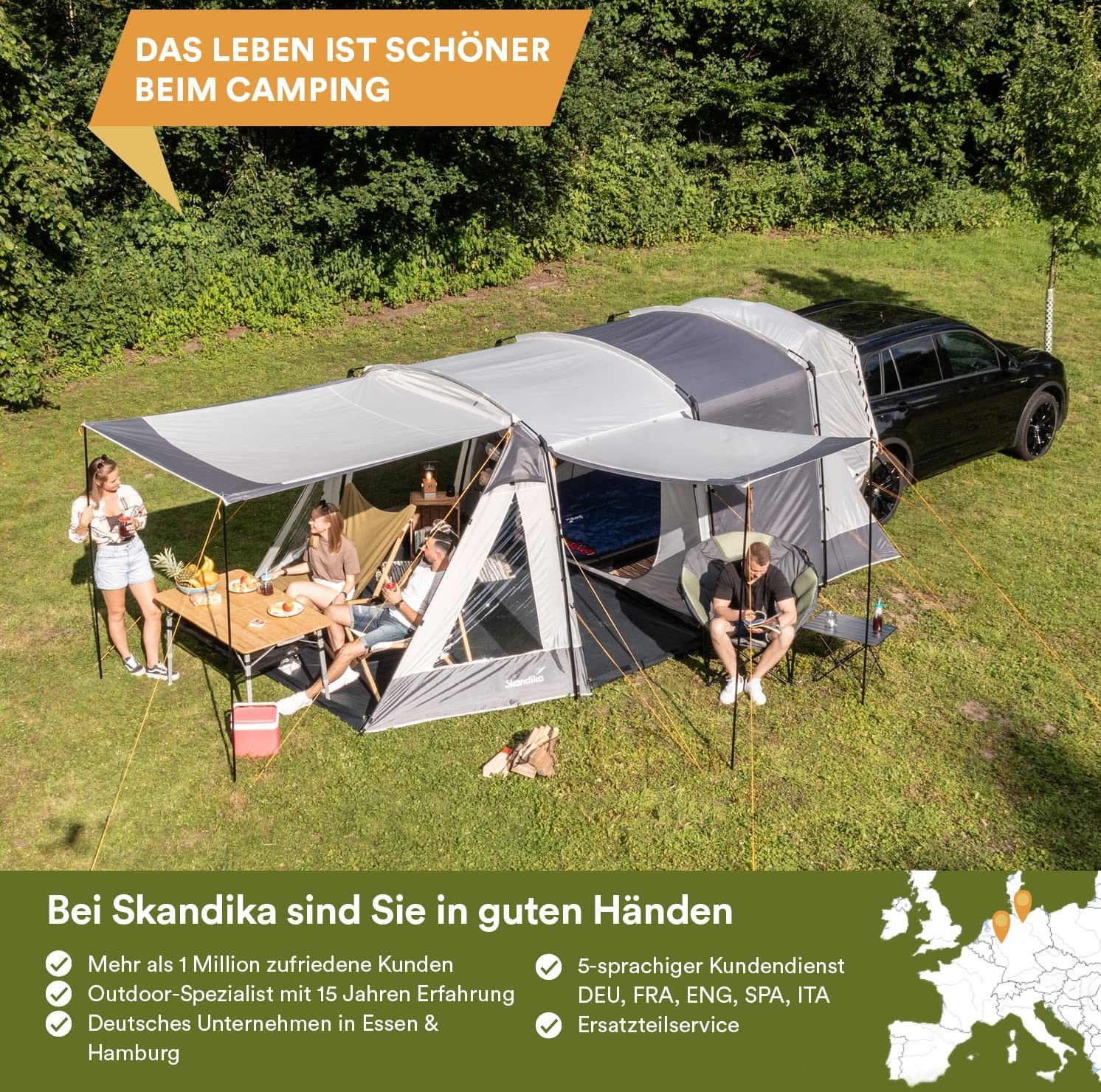 Skandika Heckzelt Pitea XL Up für 4 Personen | Freistehendes Autozelt mit Schlafkabine, 2 m Stehhöhe, wasserdicht, 3000 mm Wassersäule | Camping Vorzelt für SUV, Caddy, Auto