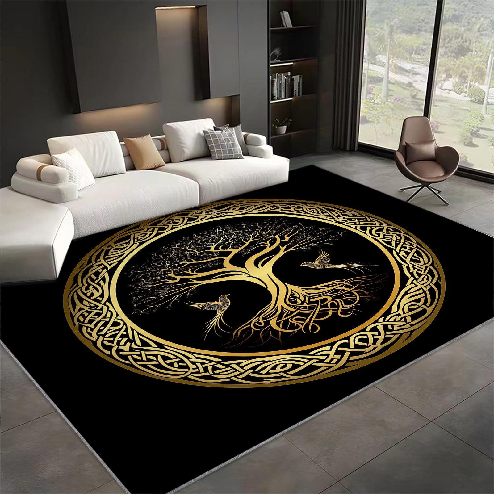 Tapis Antidérapant 140 x 200 cm Runner à Poils Courts Arbre de Vie Runes Abstrait Oiseaux pour Salon, Or Noir Tapis Rectangulaire Doux pour Chambre, Décoration Maison, Runner Lavable, Couloir