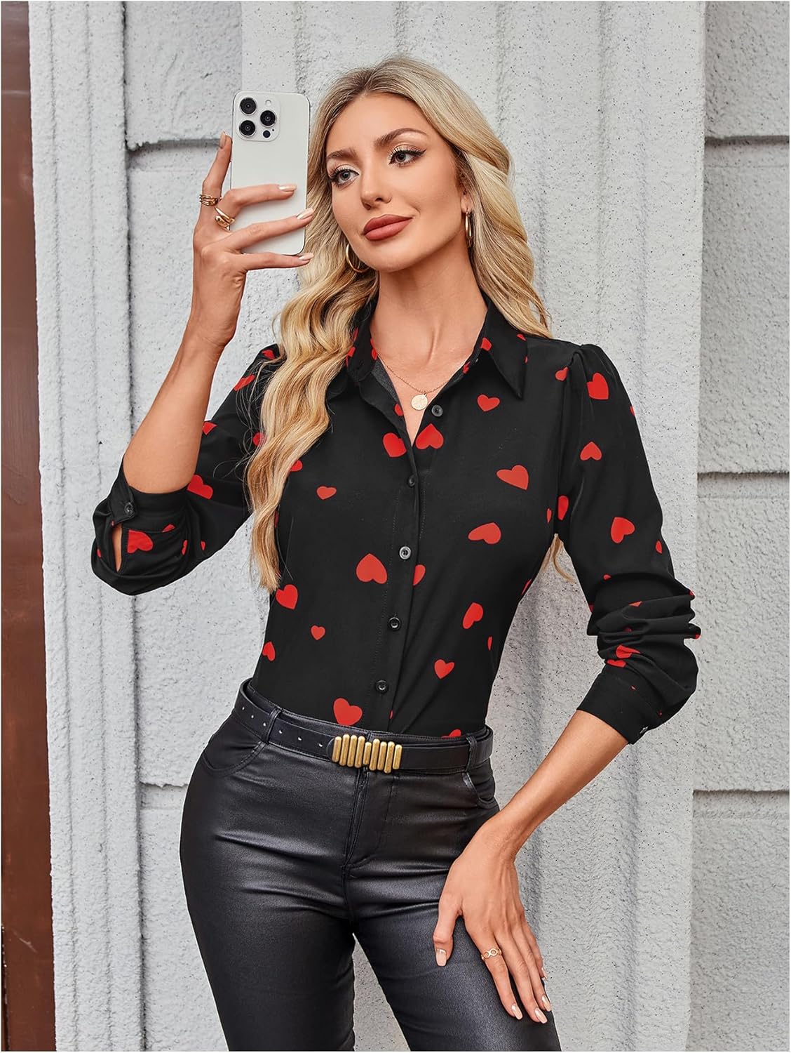 Floerns Women's Heart Print Long Sleeve Button Down Lapel Collar Blouse Top - Image 3