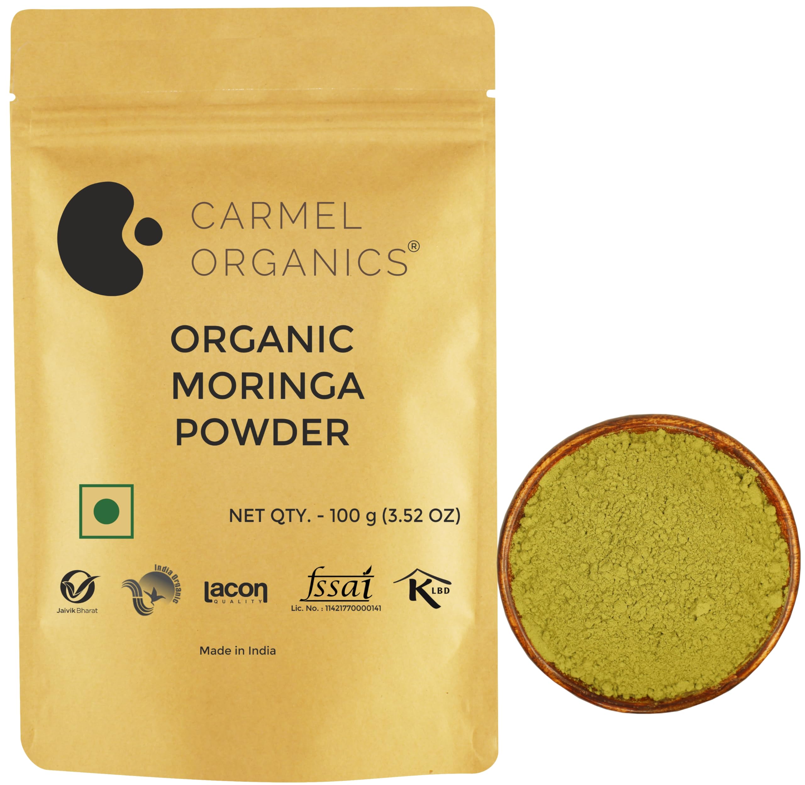 CARMEL ORGANICS Moringa Leaves Powder (100 Grams) | Jaivik Bharat Certified | Moringa oleifera | Murungai Podi/Munagaku Podi/Muringa Podi | Non GMO | No Added Preservatives
