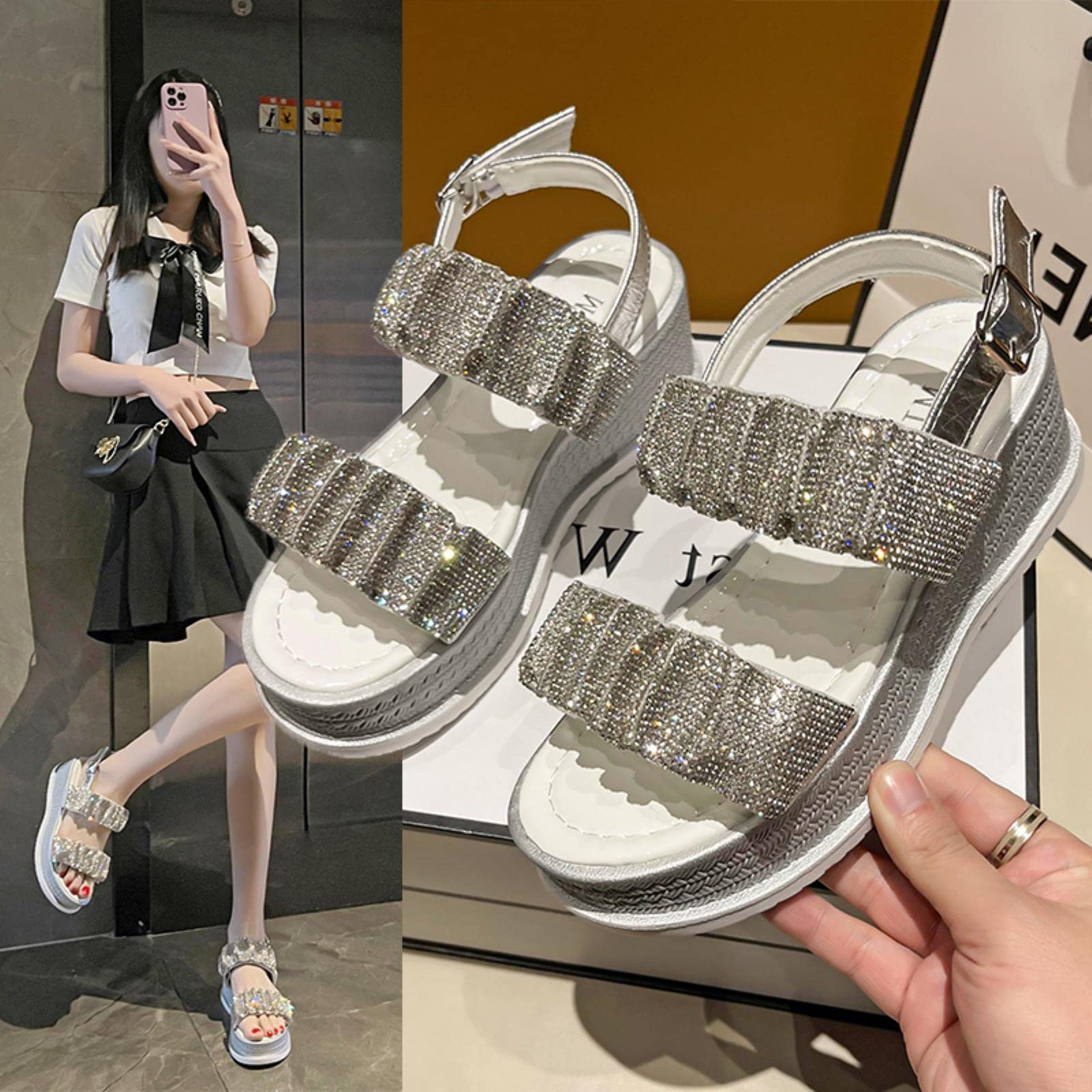 Sandalias de mujer Nuevas sandalias de lujo de verano con hebilla de cinturón de diamantes de imitación semi zapatillas de suela gruesa Muffin inferior de moda sandalias externas