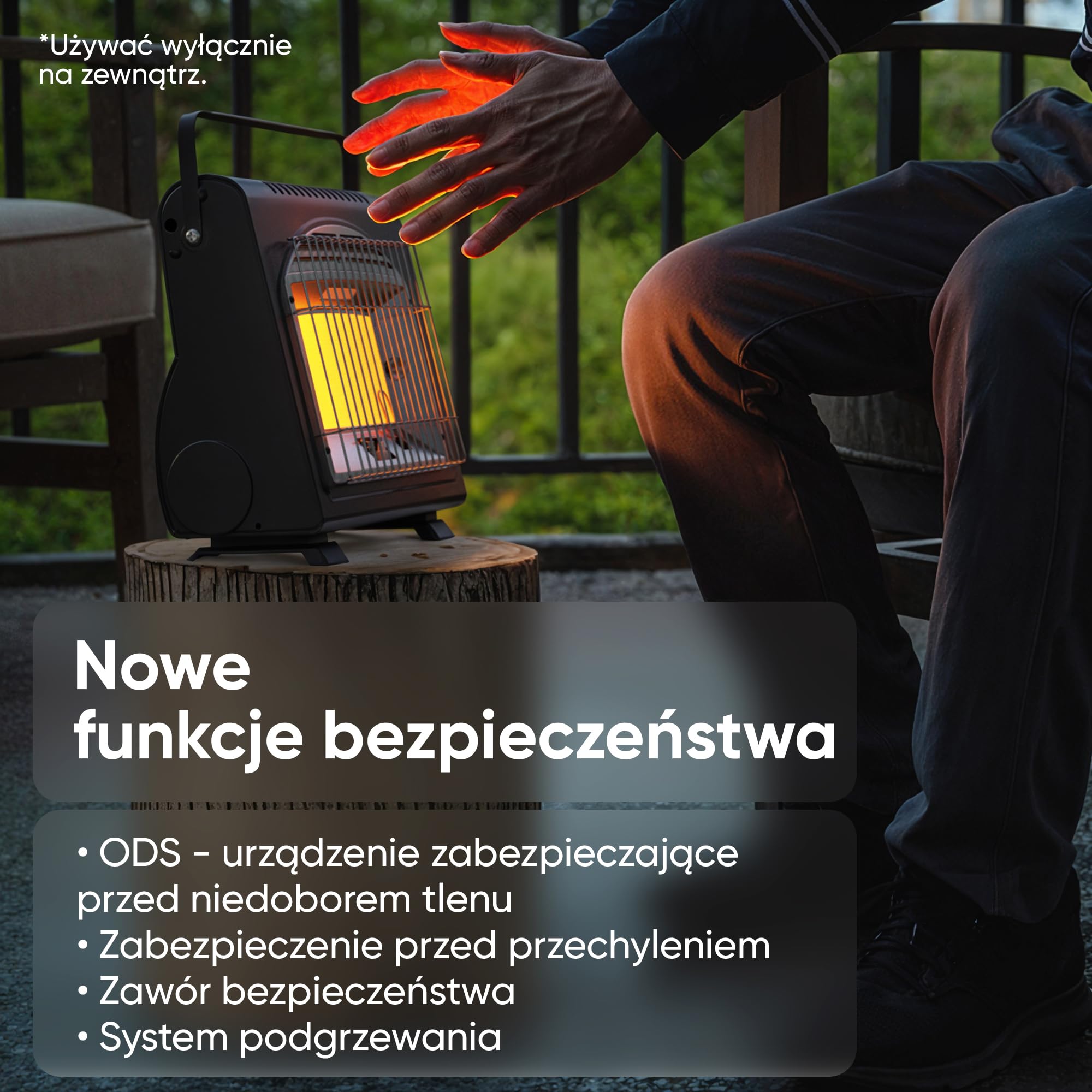 EVOCAMP przenośny grzejnik gazowy, grzejnik campingowy 1,7 kW, idealny grzejnik gazowy do użytku zewnętrznego z ODS (czujnik wypalenia tlenu), grzejnik do namiotu