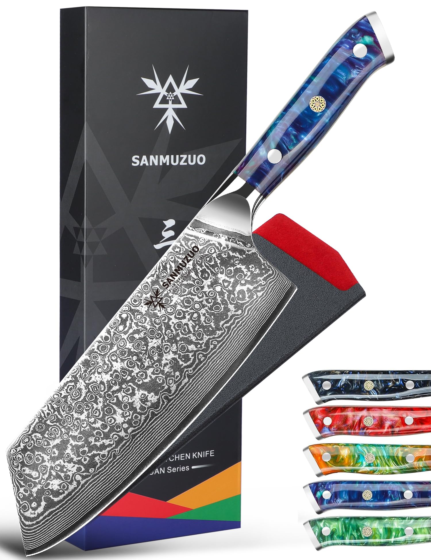 Nakiri Knife - 7.5 inch Cleaver Knife- Xuan Series - VG10 Damascus Steel Kitchen Knife - Resin Handle (Sapphire Blue)