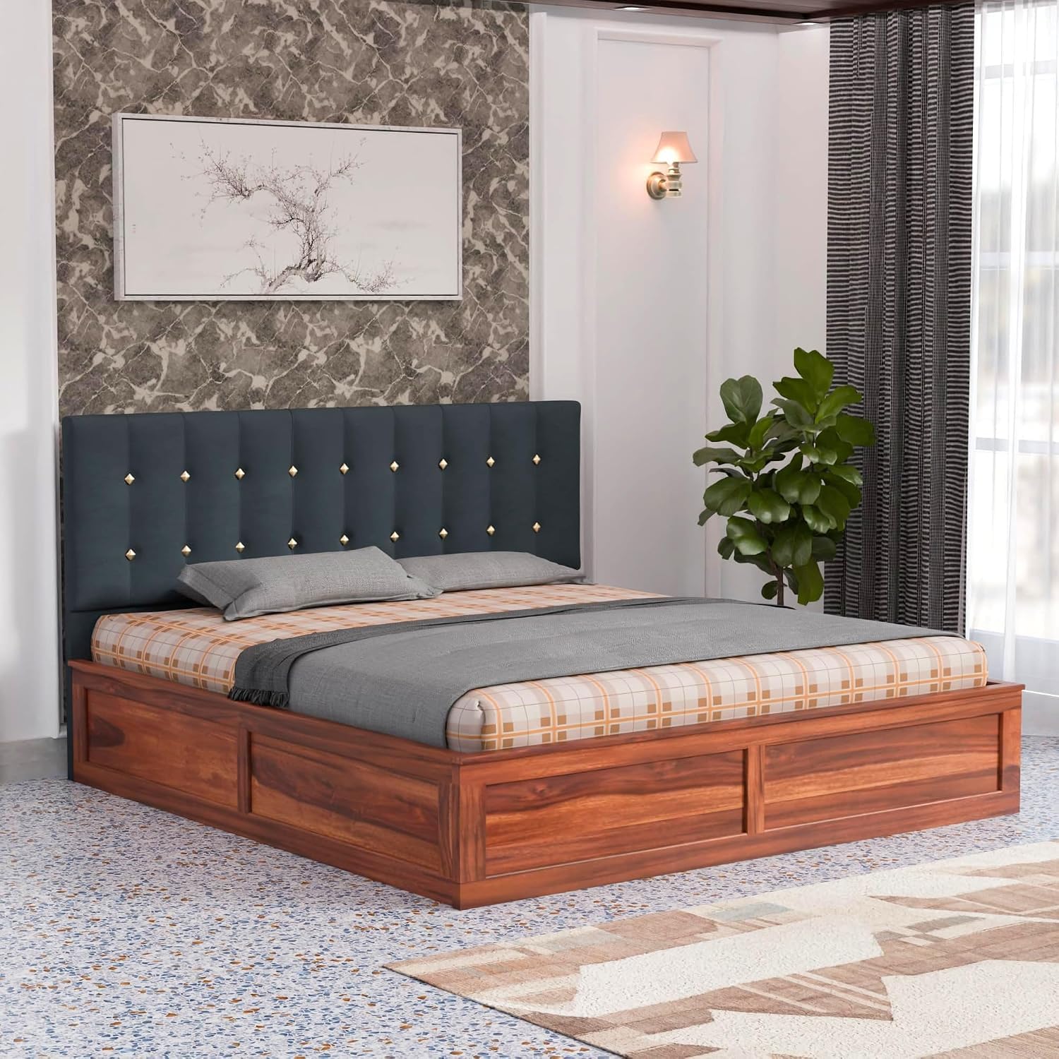 King Size Upholstered Bed Without Storage | Engineered Wood Double Bed with Diamond Tufted Headboard | Modern Wooden Bed Frame-image-0