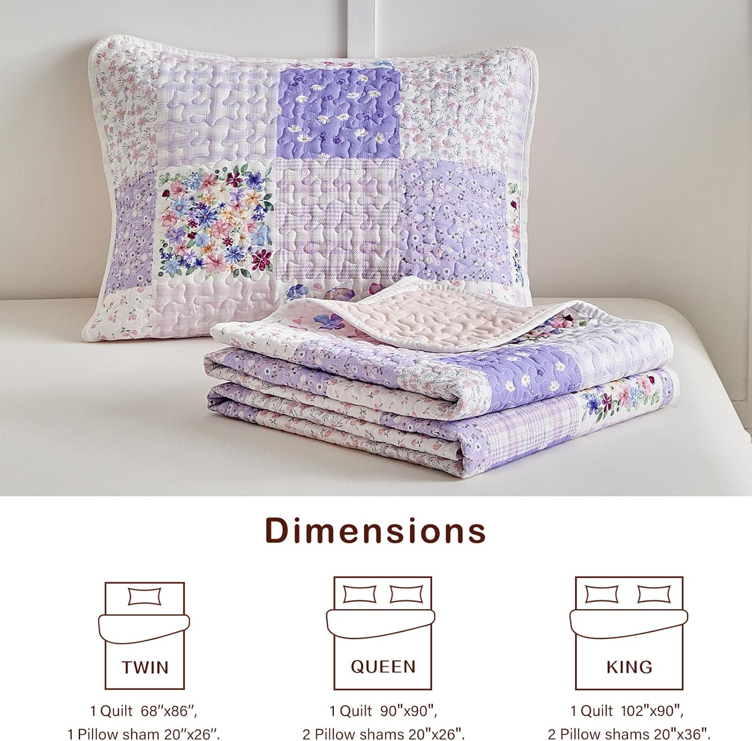 Joyreap Queen Size Quilt Set for Girls, Pink n Purple Floral Patchwork Design, 3 Pieces Soft n Cozy Microfiber Quilt, Bedspread Bed Cover for All Season- 90x90 inches - Image 5