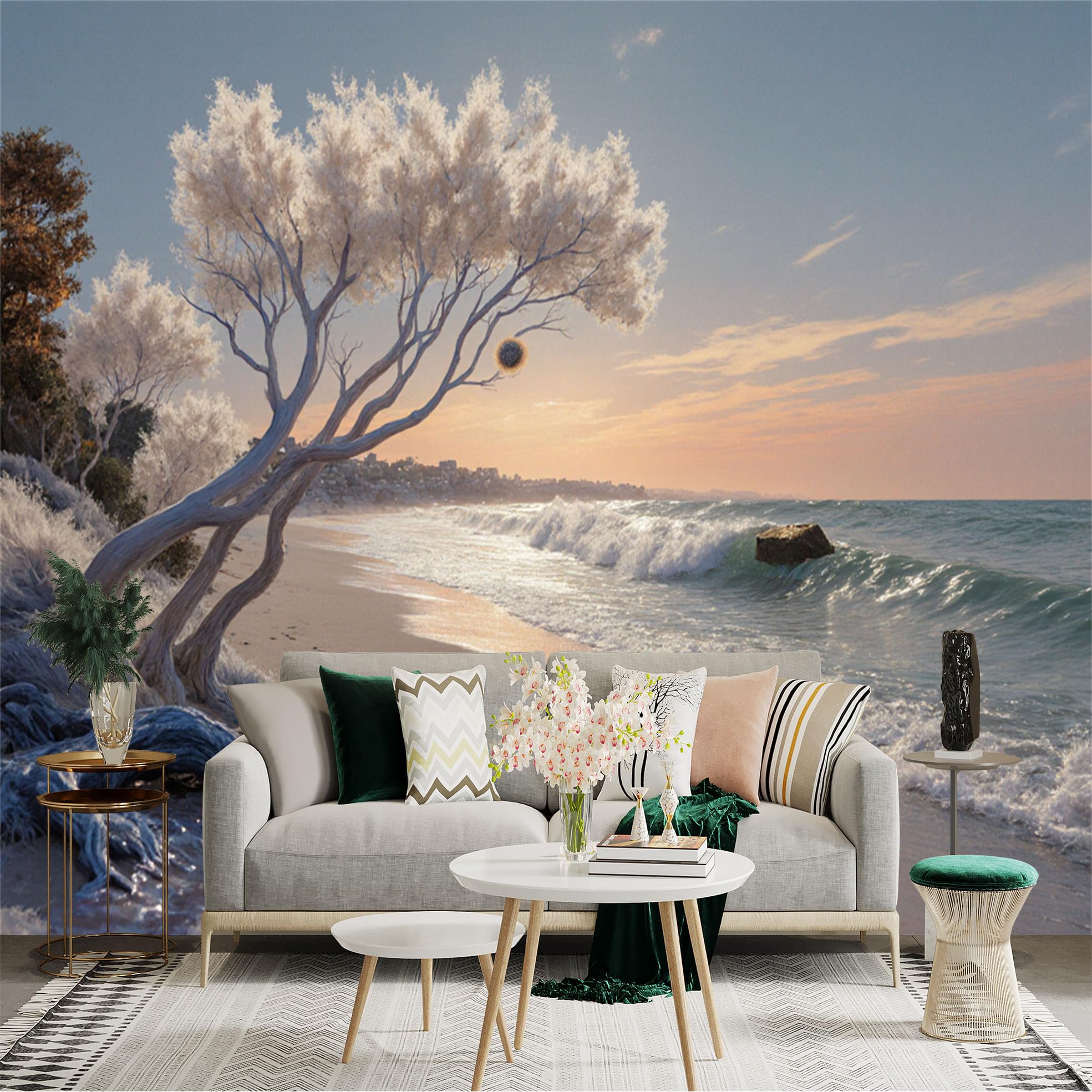 Custom Size Wall Sticker Mural， Coastal Sunset Beach with Waves and White Trees， for wall Decoration， peelandstick wall Decals.