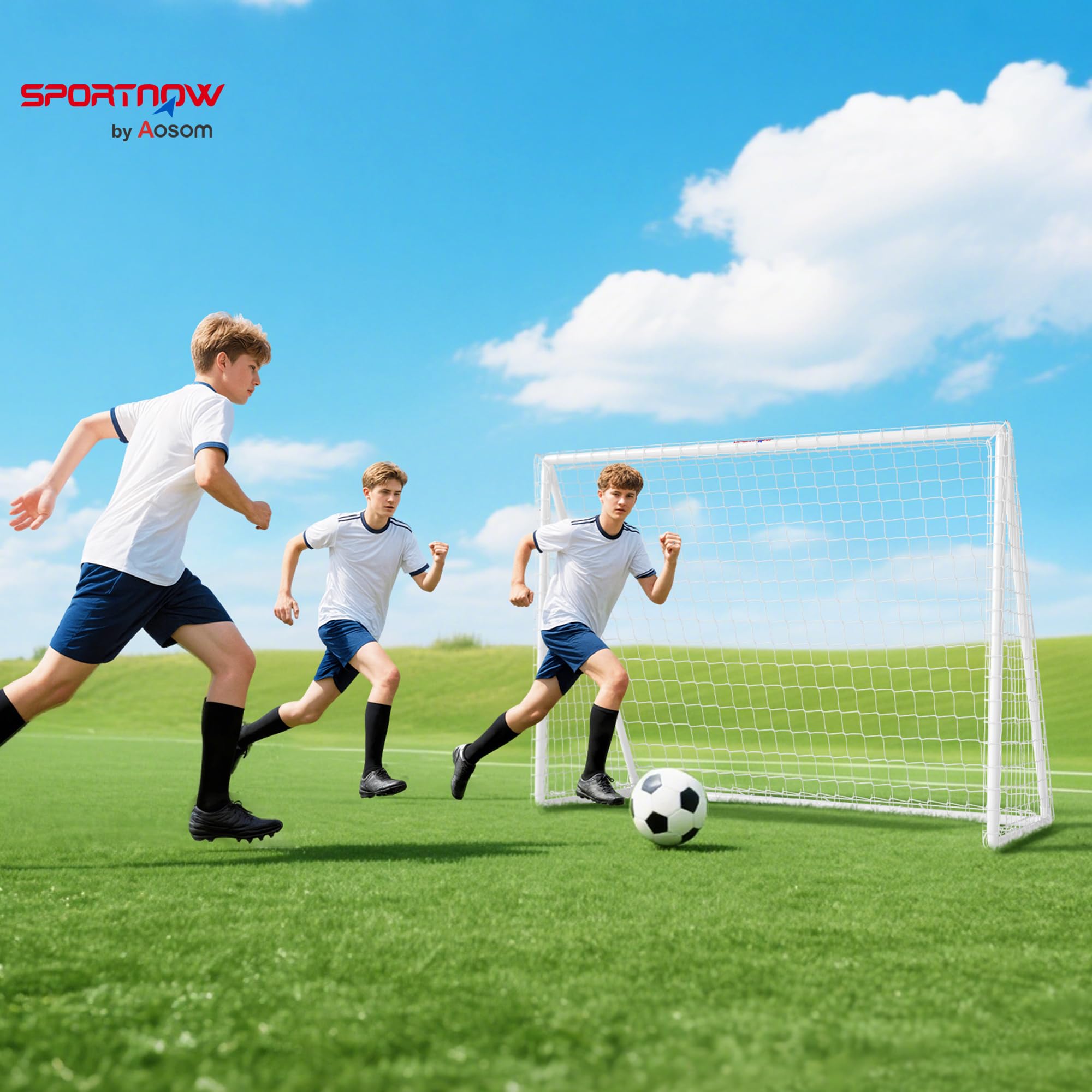SPORTNOW But de Football 2,4 x 1,8 m avec Filet Poteaux en PVC Blanc | Cage de Foot pour Jardin ou Parc, But d'Entraînement, Poteaux en PVC, Piquets de Sol, Installation Rapide