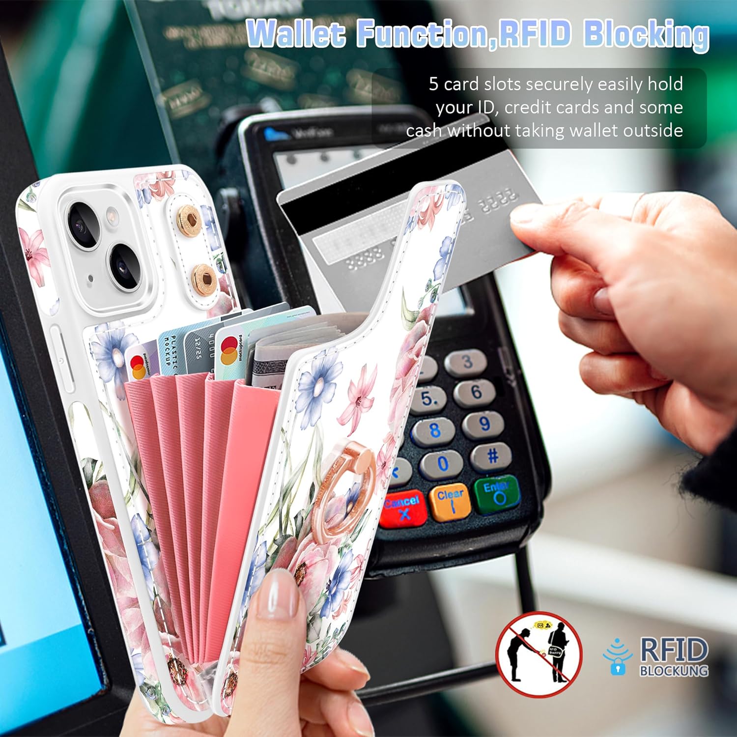 for iPhone 13 Wallet Case,[360°Rotation Ring Stand][with Screen Protector],Floral Flower Design 5 Card Holder,PU Leather Kickstand Card Slots Case for Women,Case for iPhone 14/13,6.1"