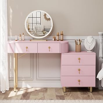 Royal Windsor Makeup Vanity Desk,LED Mirror with 3 Color Lights, Dressing Table with 5 Drawers, Adjustable Size Vanity Desk for Bedroom and Bathroom Pink