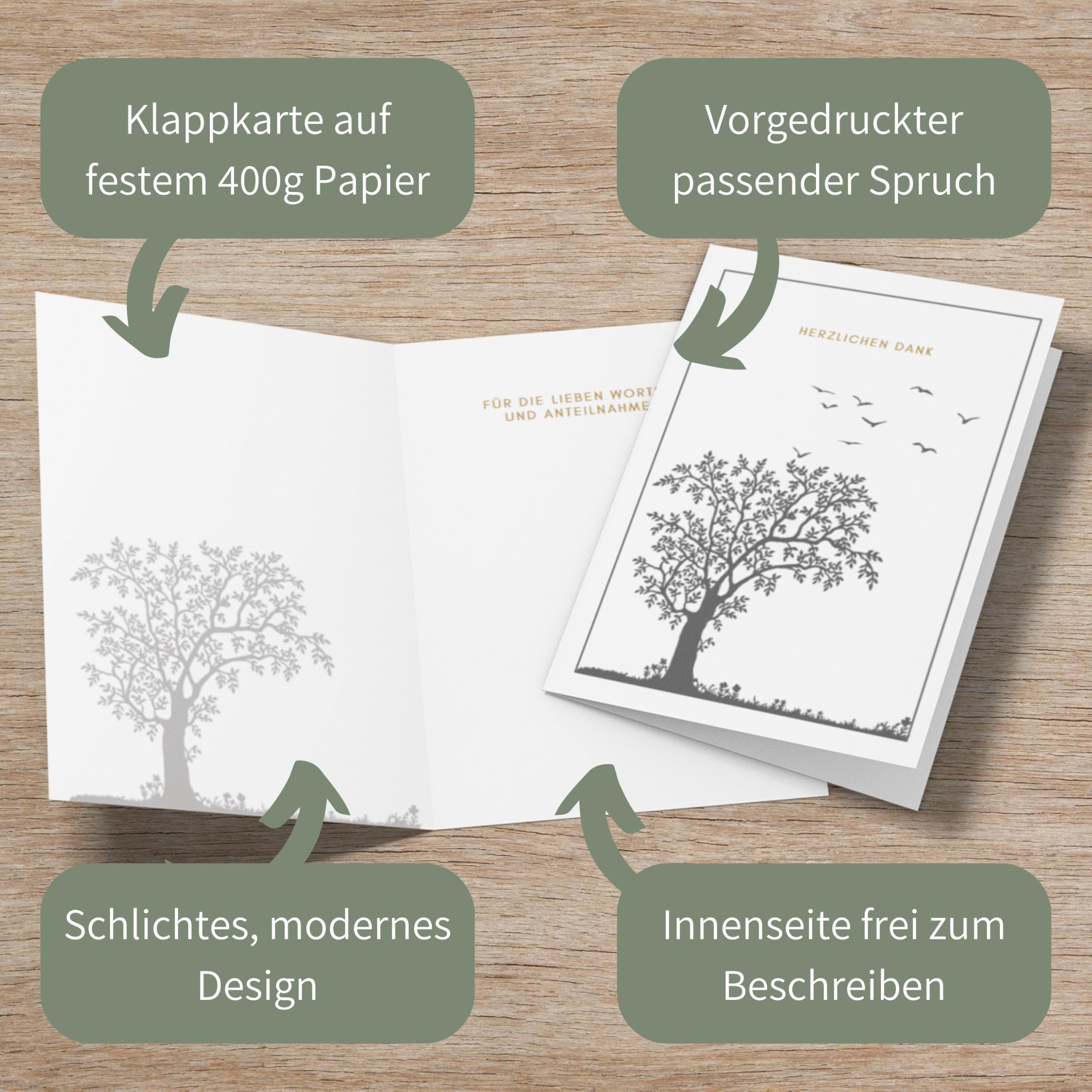 Set 25x Trauer Danksagung | Klappkarten & Umschläge | Moderne Trauerkarten Danksagung, Trauerkarten Danksagung mit Innentext (Baum - 25 Stück)