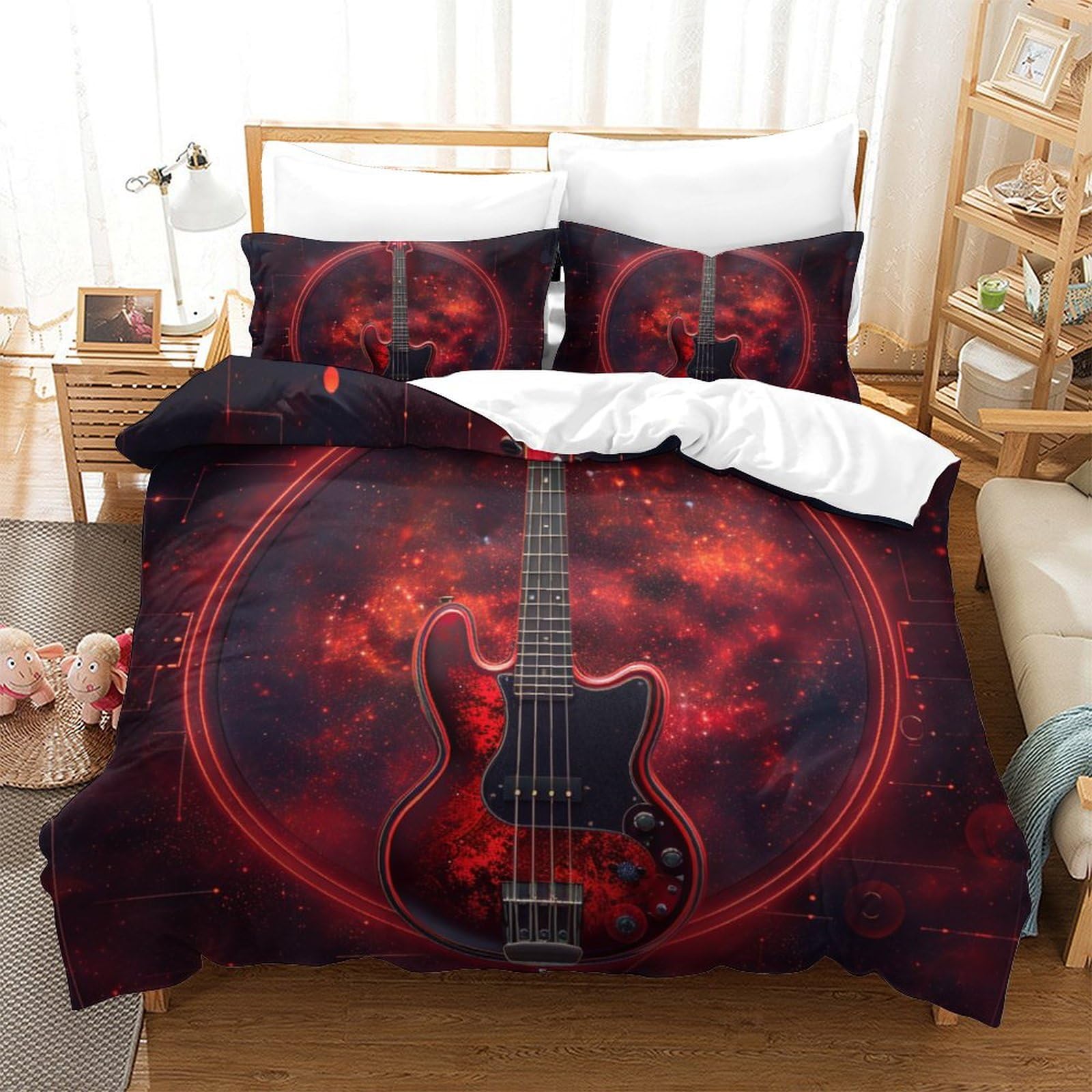 Housse de couette guitare 3D parure de lit respirante pour chambre d'ado mélomane