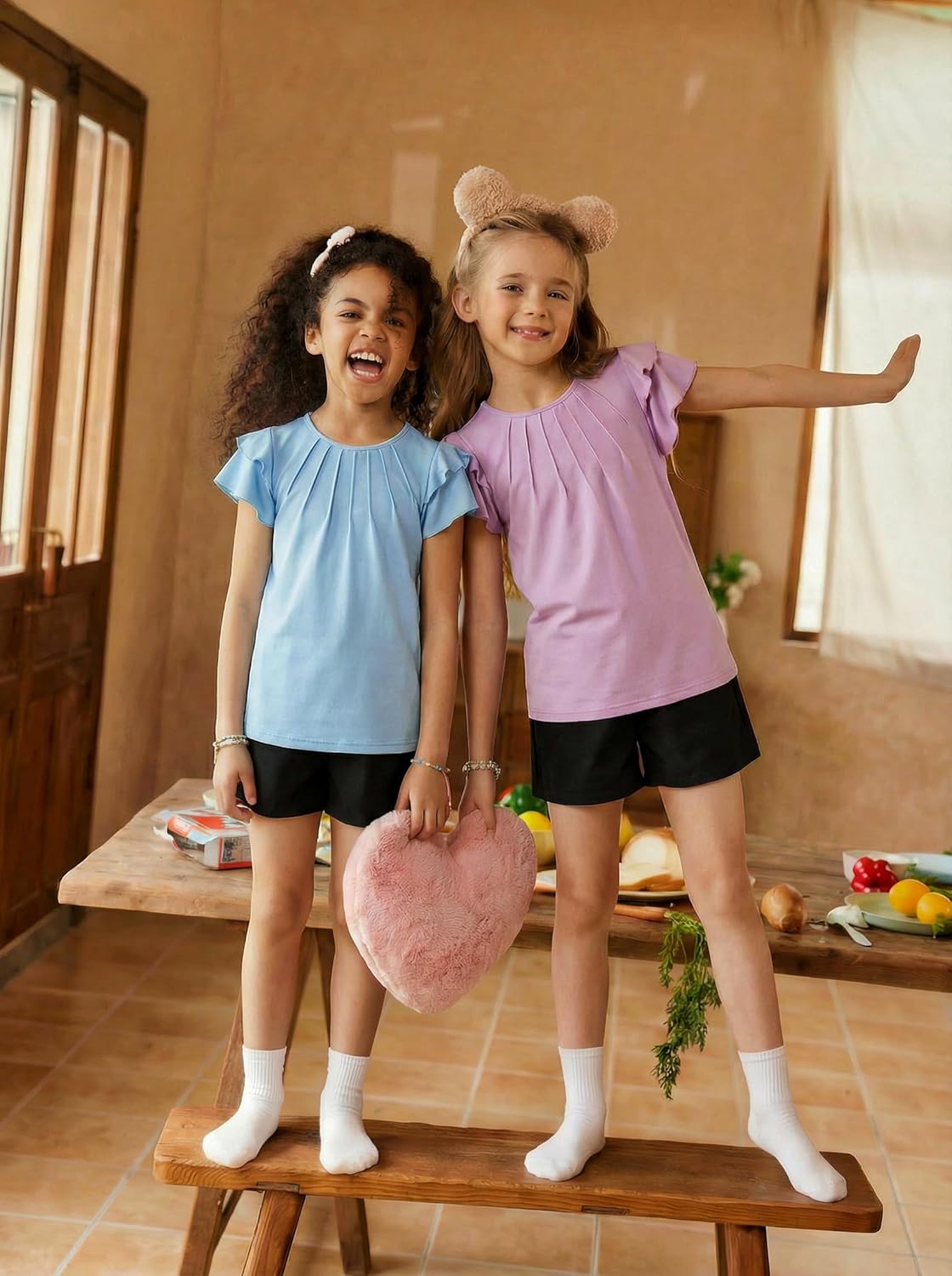 Arshiner Girls 2 Piece Outfits Summer Ruffle Sleeve Top and Paperbag Waist Shorts Set with Pockets Size 5-13 Years - Image 5