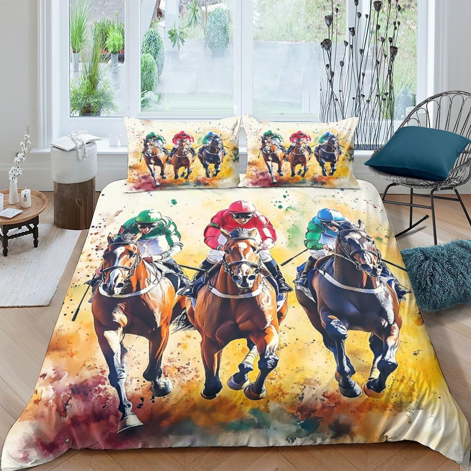 Ctjqhvkz Style-8 3D Printed Horse Racing Fitted Sheet Microfiber Soft Vibrant Jockey Race Mattress Cover For Bedroom Guest Room Decor Single（135X200cm）