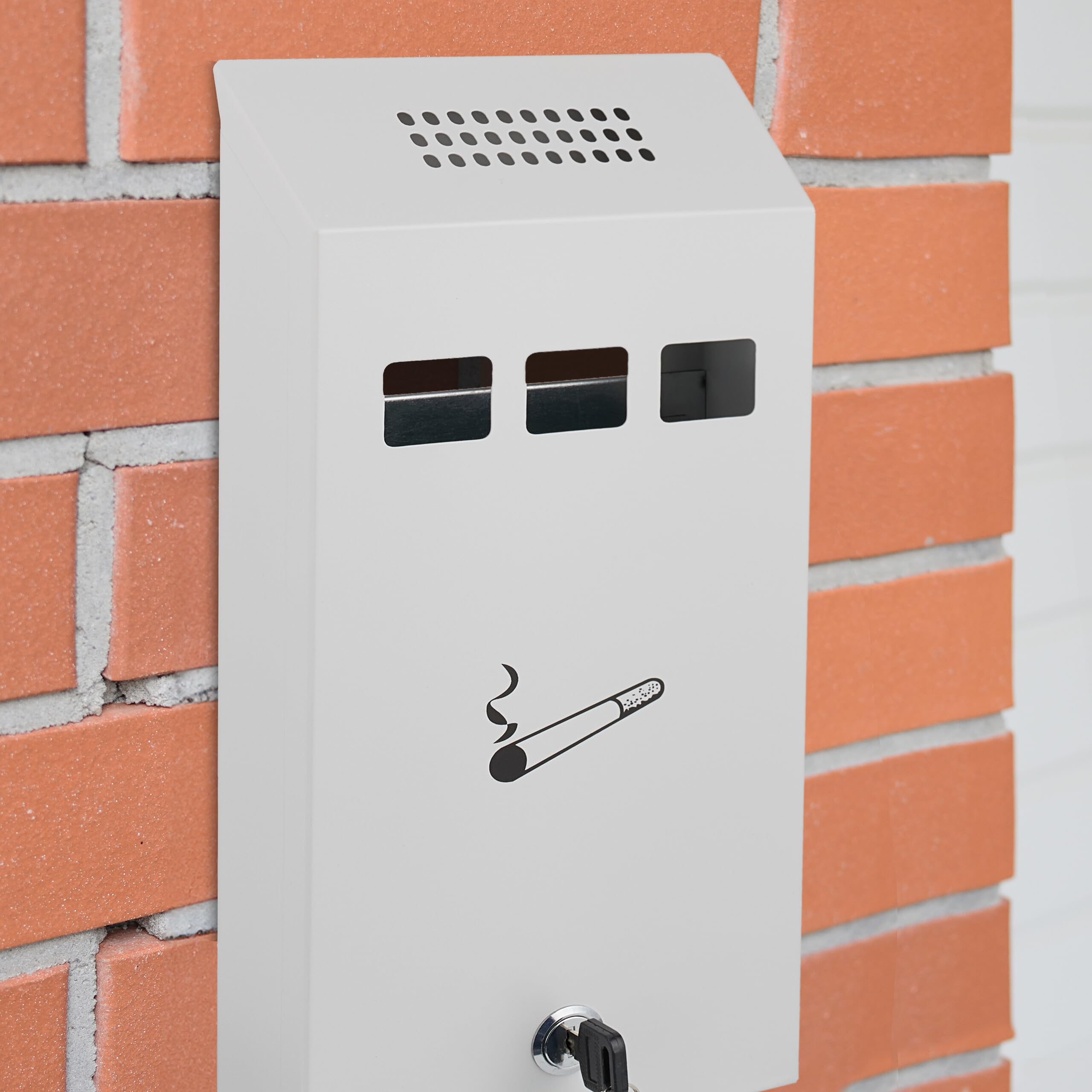 Relaxdays Posacenere da Muro per Esterno con Chiave, Contenitore Rimovibile, 32,5 cm, Bianco