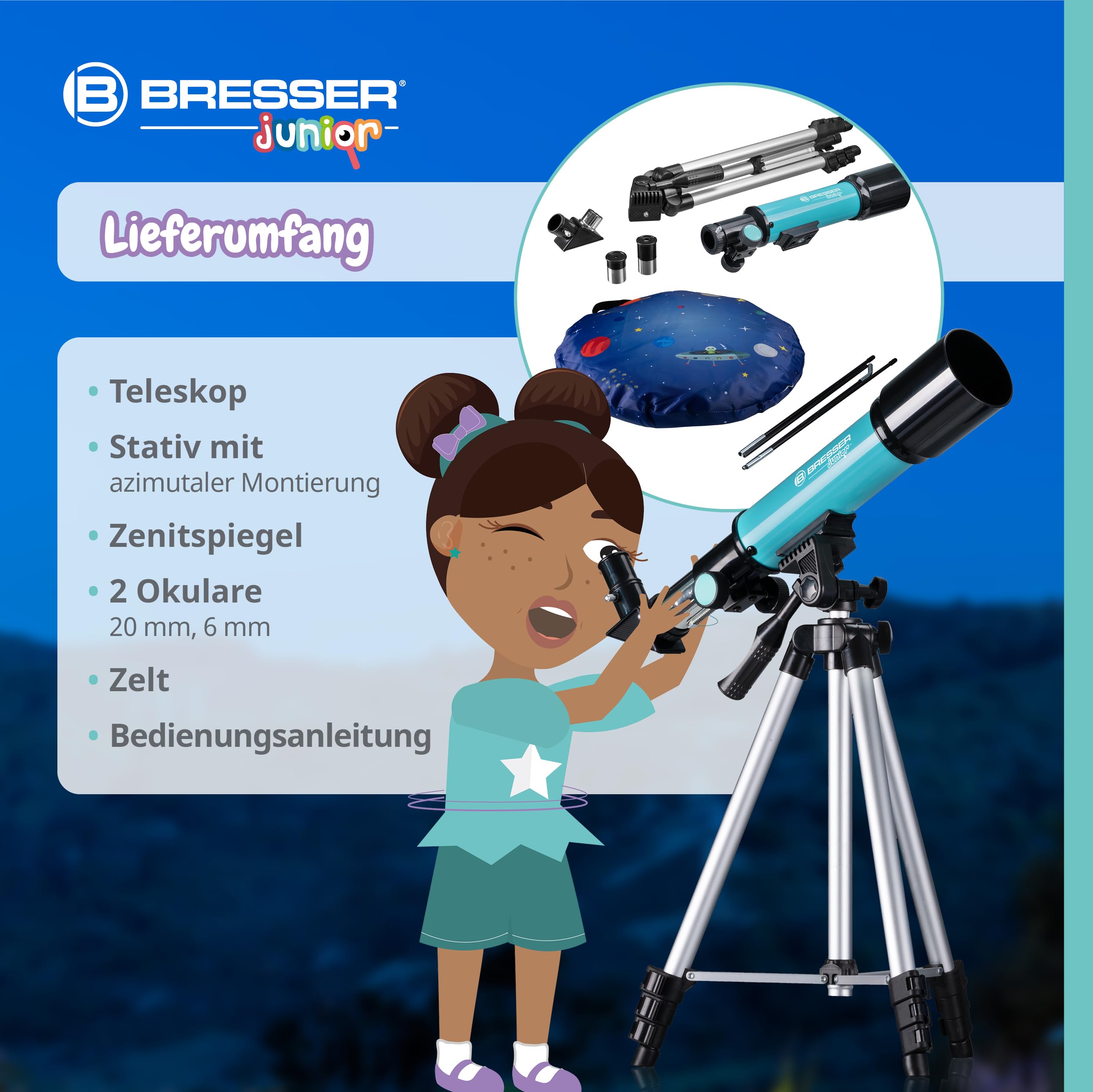 Bresser Junior Linsenteleskop 50/360 für Kinder - Astronomie Einsteigerset mit Zelt, Refraktor Teleskop, Stativ, Azimutale Montierung, Okulare und Zenitspiegel ,blau