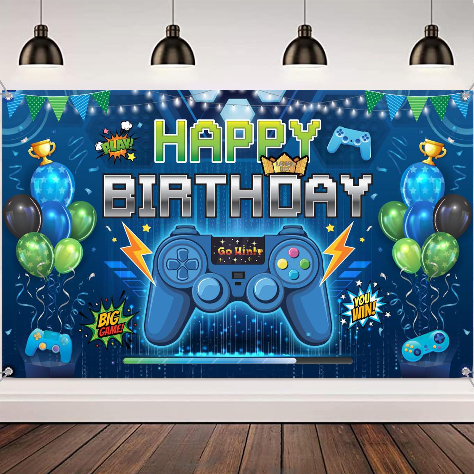 Mzbnfa Game Birthday Party Decorations Banner Backdrop, Blue Video Gaming Backdrop Banner for Boys Girls, Happy Birthday Background for Gamer Party Supplies (180 x 110 cm)