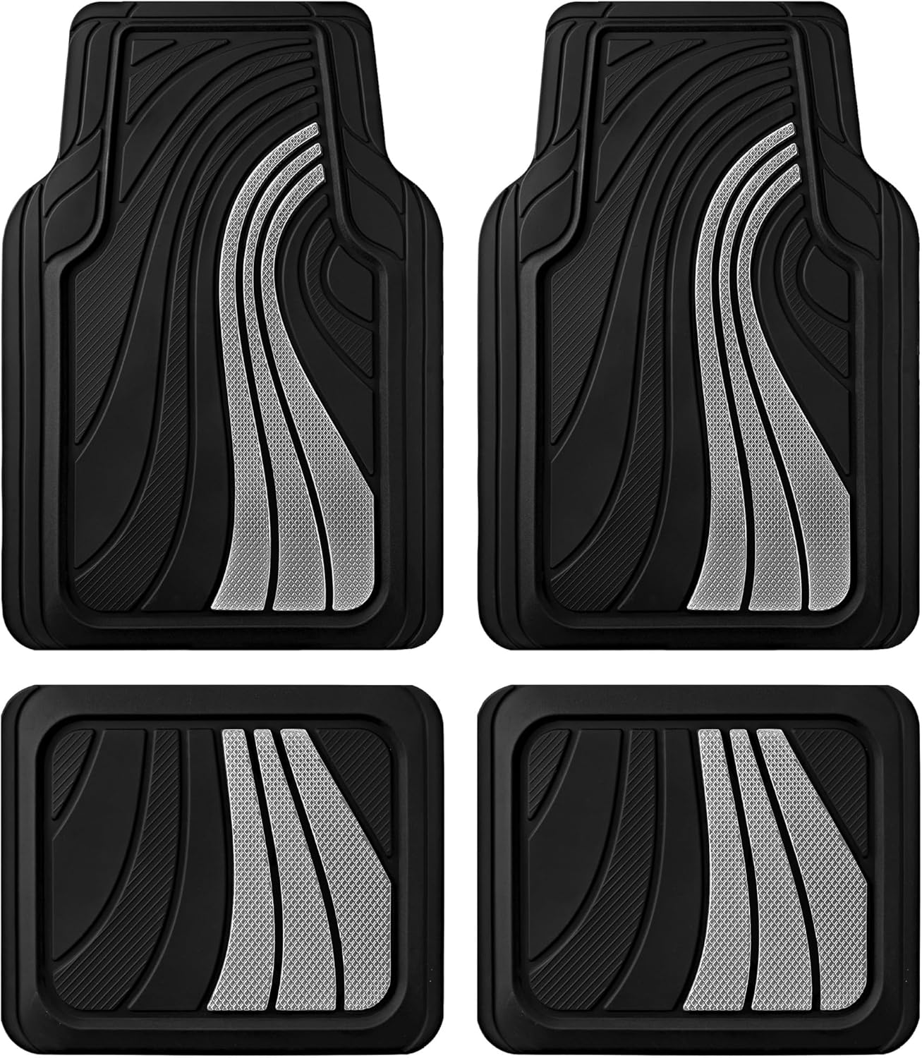 Road Comforts Car Floor Mats Full Set – Front & Rear Car Floor Mats with Aluminum Design, Anti-Slip Backing, All-Weather Protection, Trim-to-Fit Car Mats for Most Sedans, SUVs & Vans - Sliver