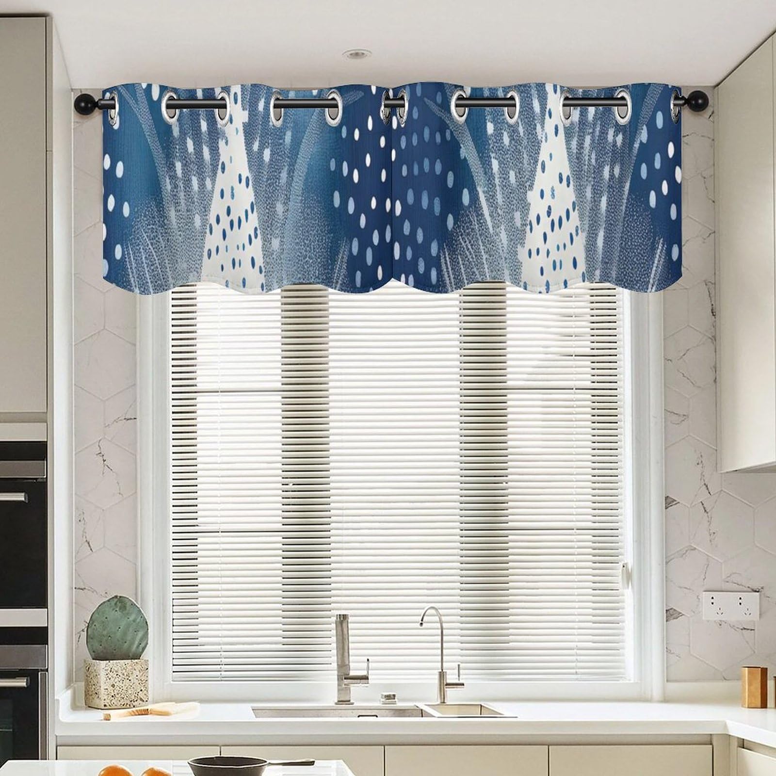 Cenefas decorativas para ventanas aburridas, pack de 2 paneles azules geométricos de 52x18"