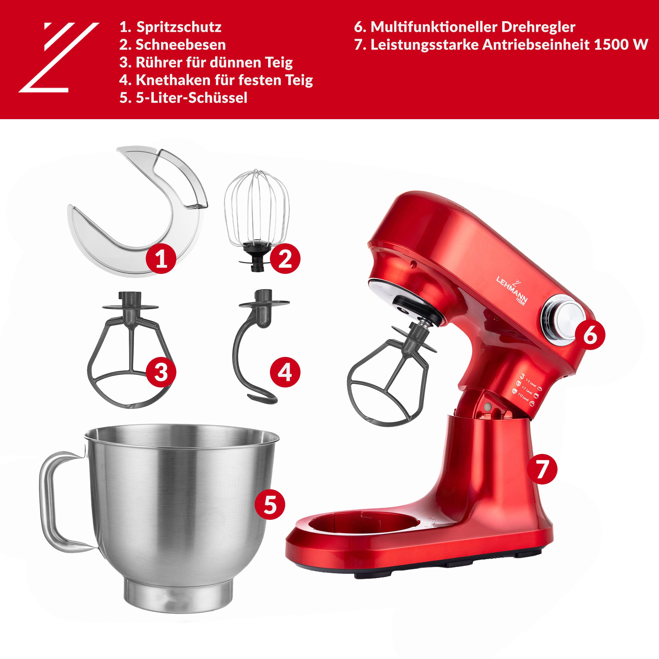 LEHMANN Küchenmaschine mit Zubehör-Set, 1500W, Rührmaschine mit 12 Geschwindigkeiten, 5L Rührschüssel, Überhitzungsschutz, Rutschfest, Knetmaschine mit 3 Rühreinsätze und Spritzschutz, Rot
