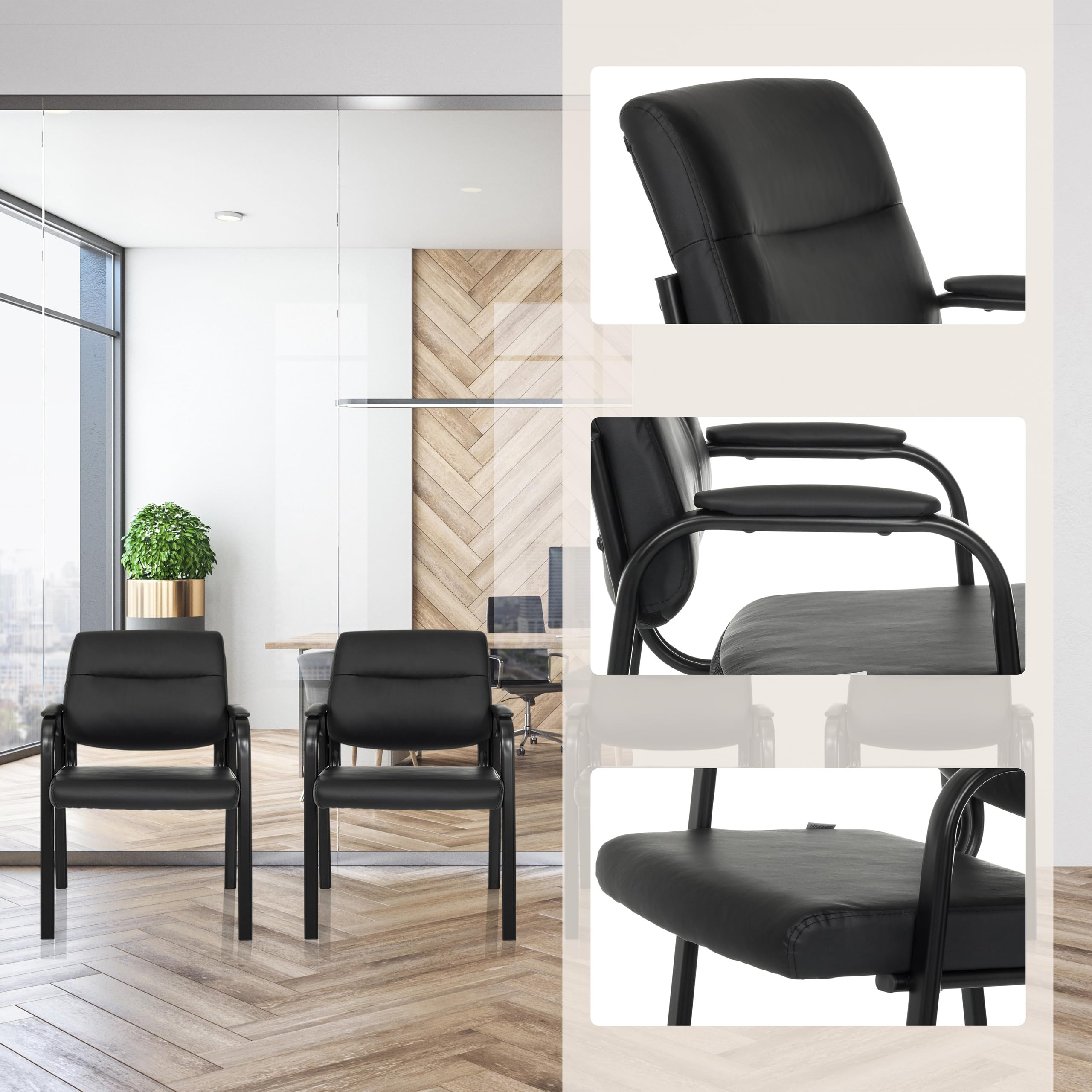 hjh OFFICE Siège Visiteur rembourré ADVIE V Chaise de conférence avec piétement à 4 Pieds, Similicuir Chaise avec accoudoirs, Noir