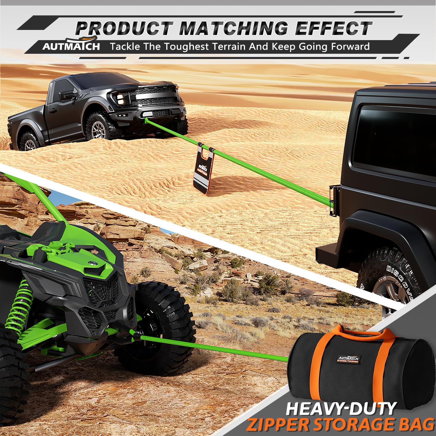 AUTMATCH Kinetic Recovery Abschleppseil, 2,5 cm x 6,1 m, robuster Offroad-Schnappgurt, 21,772 kg, 35 % Elastizität, Energierückgewinnungsseil für Geländewagen, LKW, Anhänger, ATV, UTV, Grün