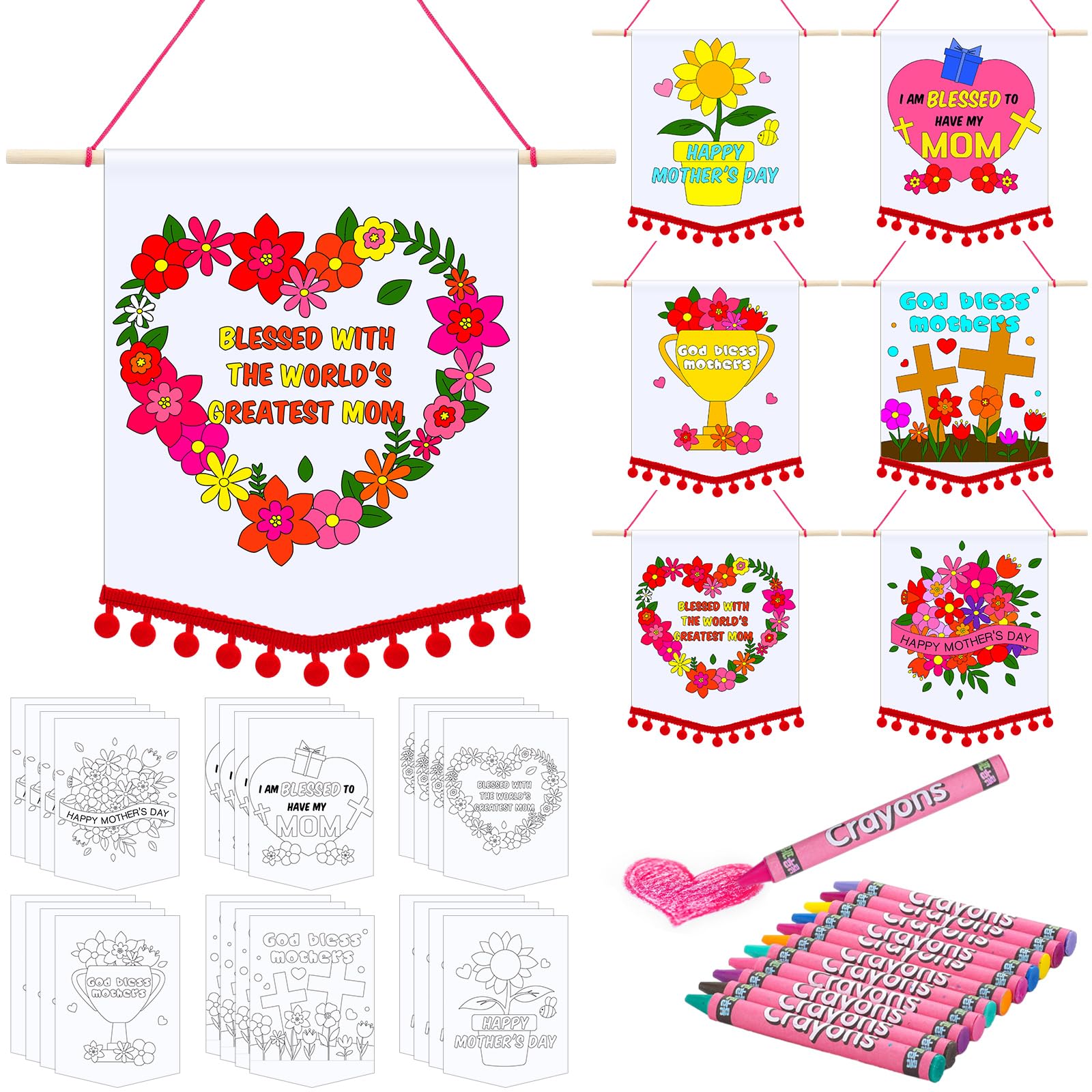 Oudain24 Pcs Mother's Day Banner Craft Kit DIY Mother's Day Craft for Kids Mother's Day Projects for Kids Home School Classroom Fun Activities DIY Craft for Kids (Elegant Styles)