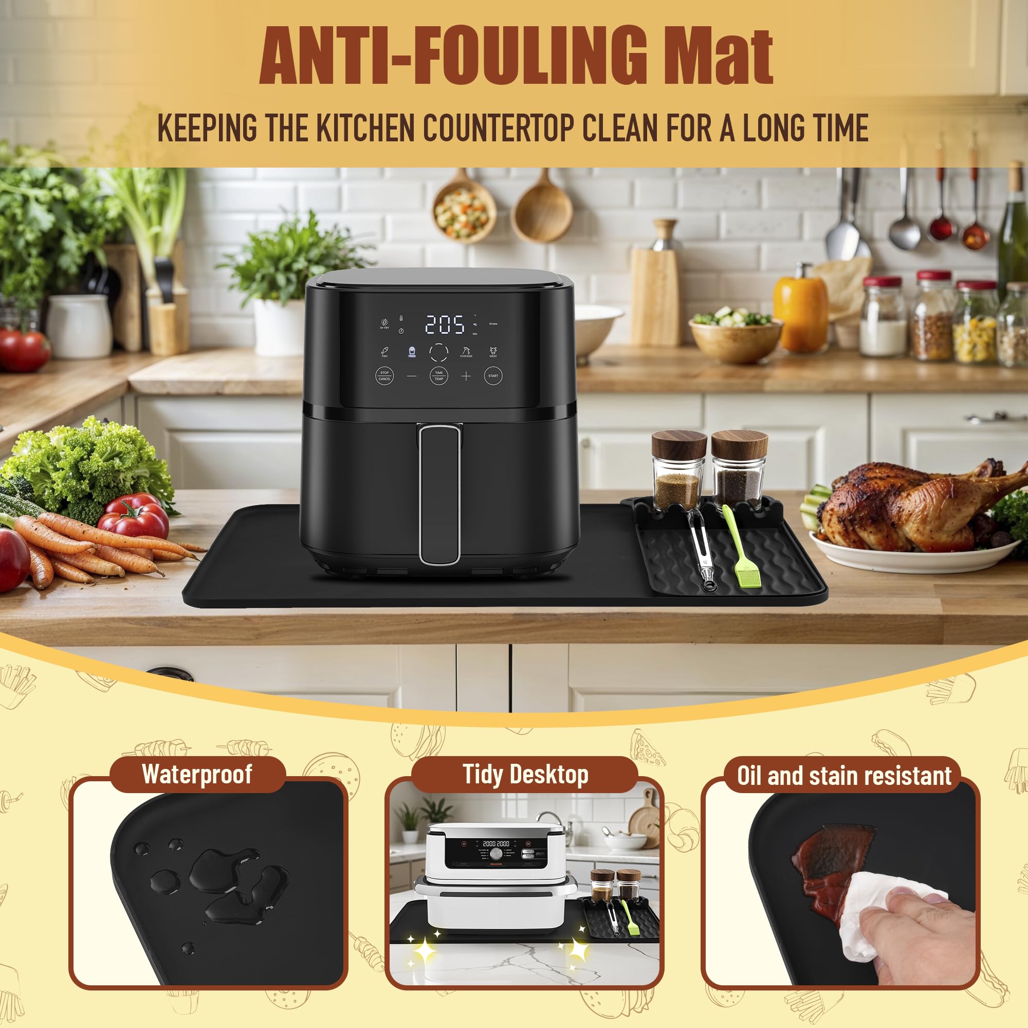 Tappetino Silicone Resistente Al Calore per Accessori Friggitrice ad Aria, Protezione Piano Di Lavoro per Bancone Della Cucina, 65×40cm Air Fryer Accessori per Ninja/Philips/COSORI Nero