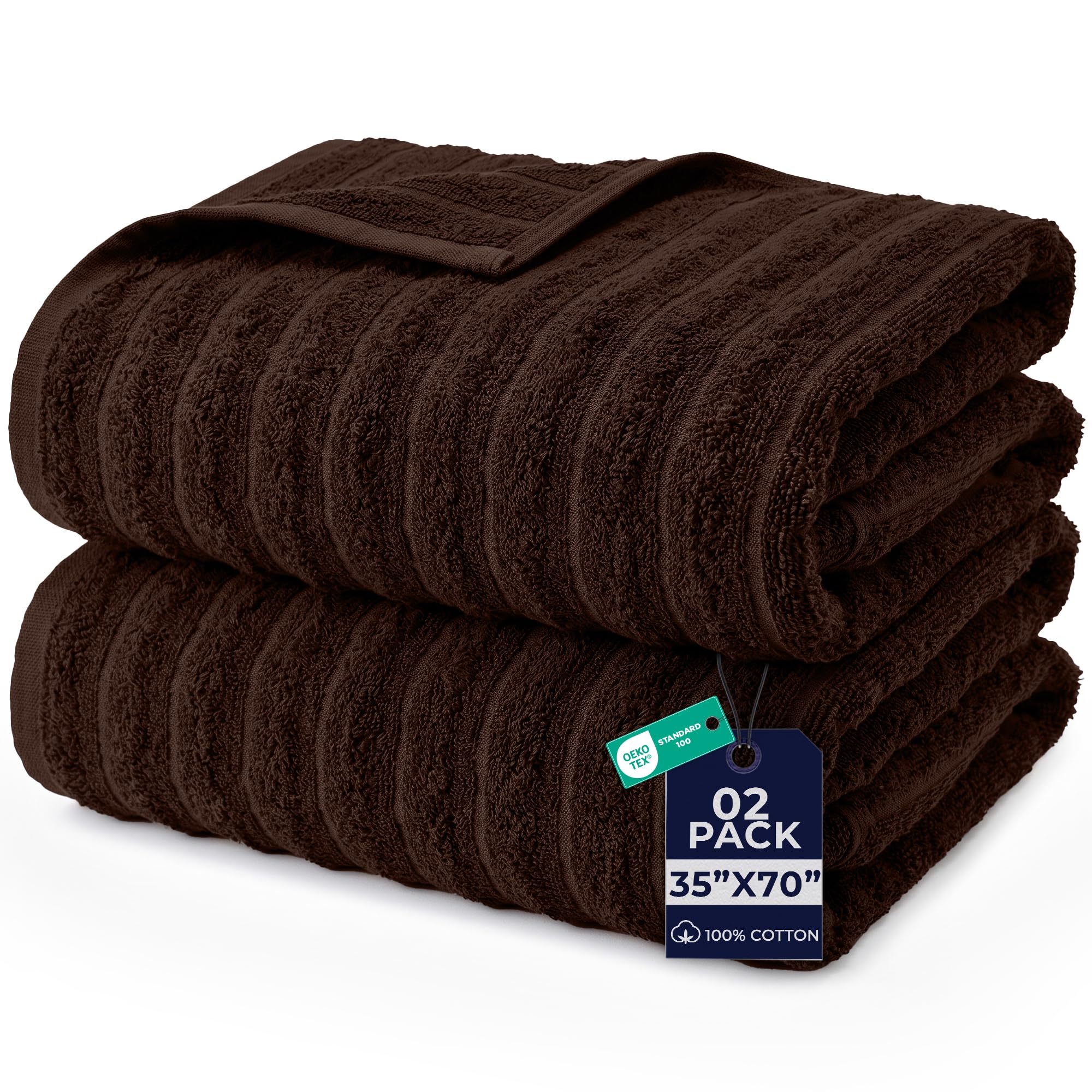 DAN RIVER Ribbed Extra Large Bath Sheets Pack of 2, 35 x 70 Inches, Brown