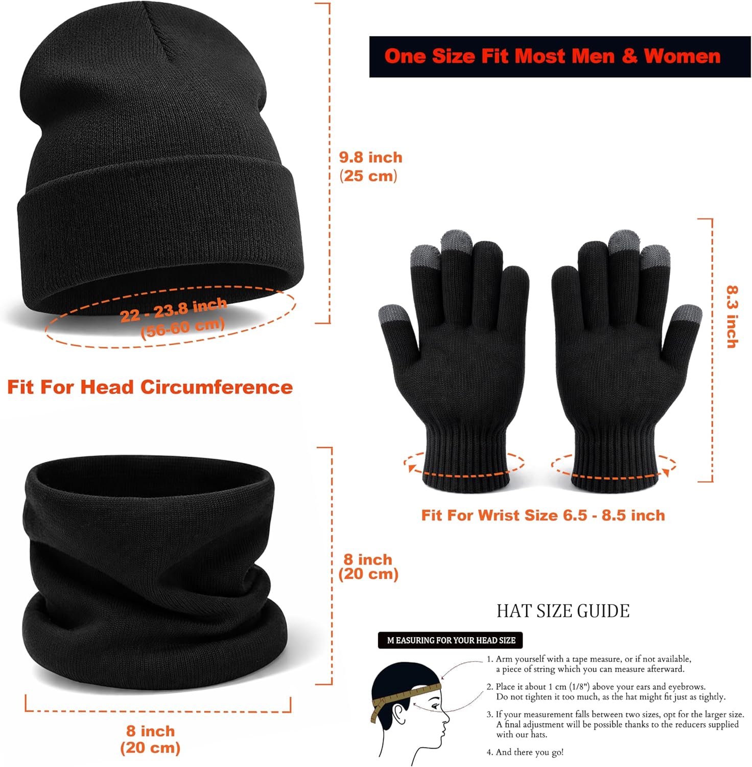 Winter Beanie Hat Neck Warmer Touchscreen Glove Set For Men Women, Unisex Warm Stretchy Knit Hat - Image 2