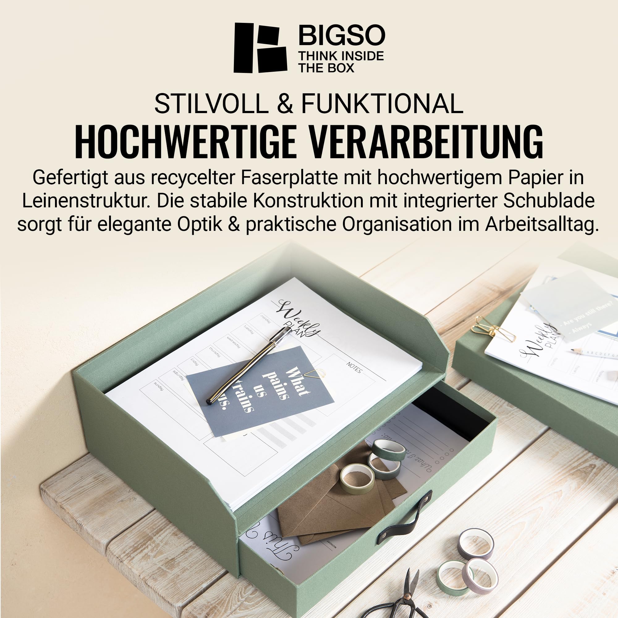 BIGSO Walter Briefablage mit integrierter Schublade – praktische Ablagefläche für Briefe, Dokumente usw. – Ordnungssystem aus Faserplatte mit Papier in Leinenoptik – mintgrün