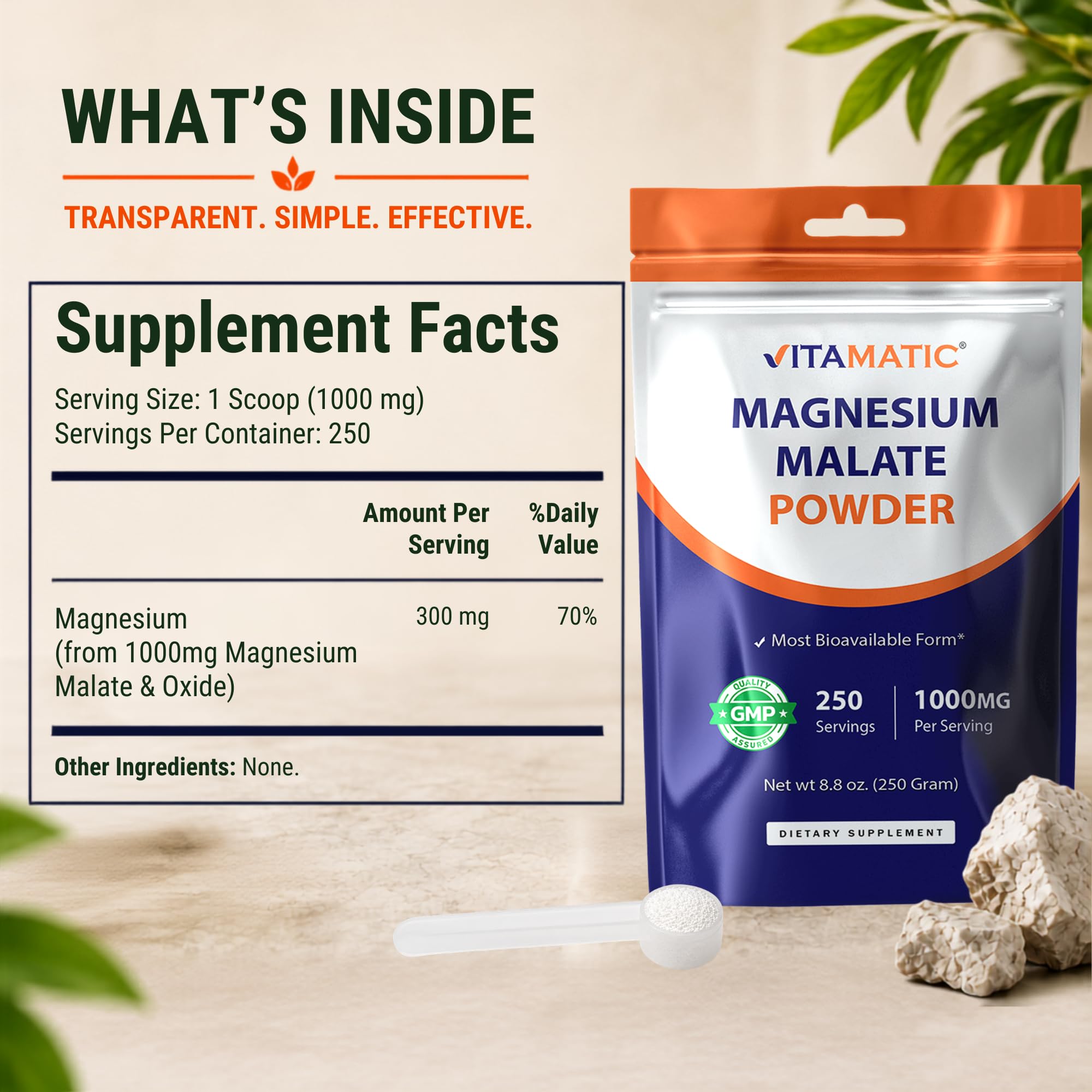 Vitamatic Magnesium Malate 1000mg per Serving Supports Muscle, Joint, and Heart Health 250 Grams - 250 Servings — Amazon image 2