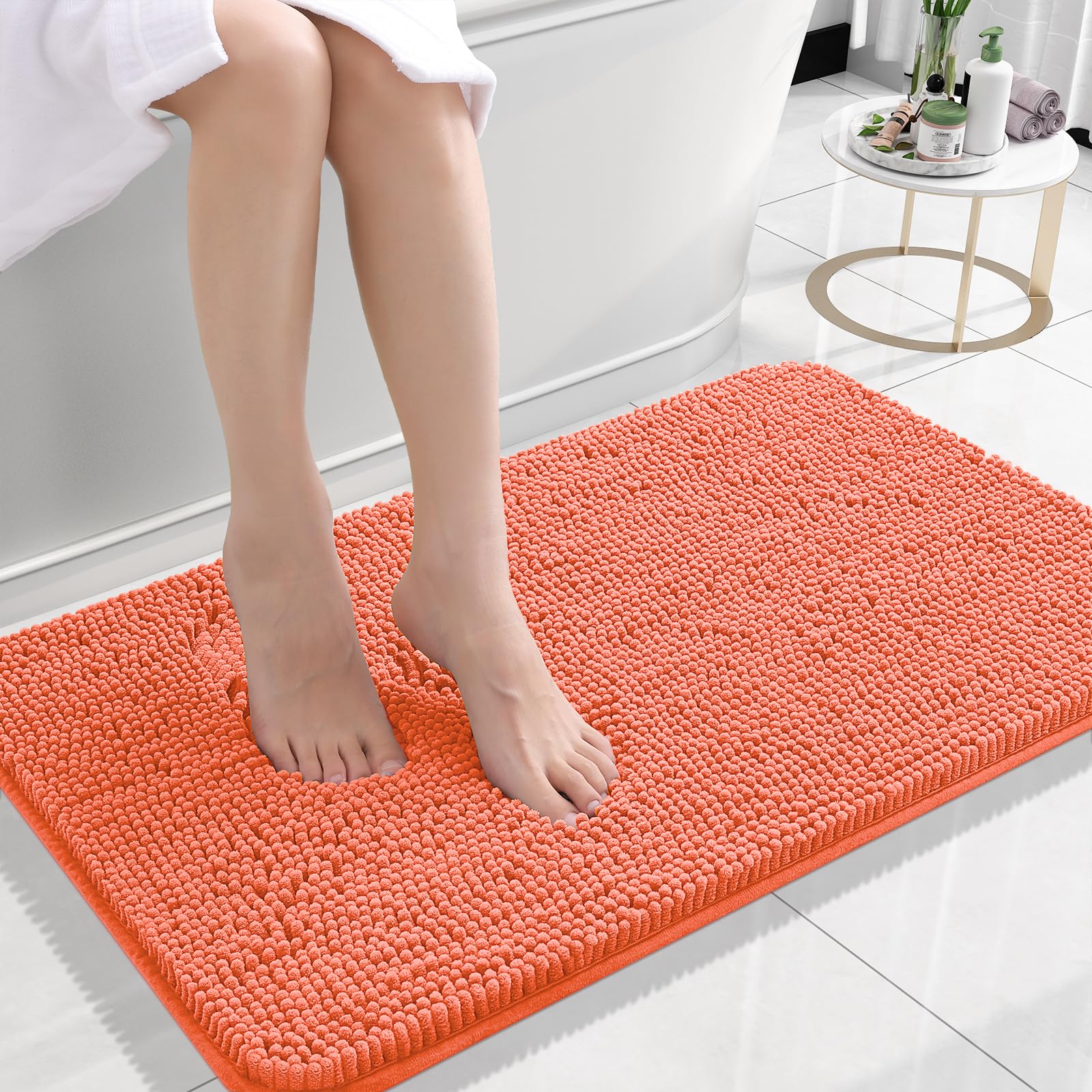 OLANLY Small Bathroom Rugs 24x16, Extra Soft Absorbent Chenille Bath Rugs | Coral, Quick-Drying Rubber Backing, Machine Washable Bath Mat for Bathroom Floor, Tub and Shower, Home Decor Accessories