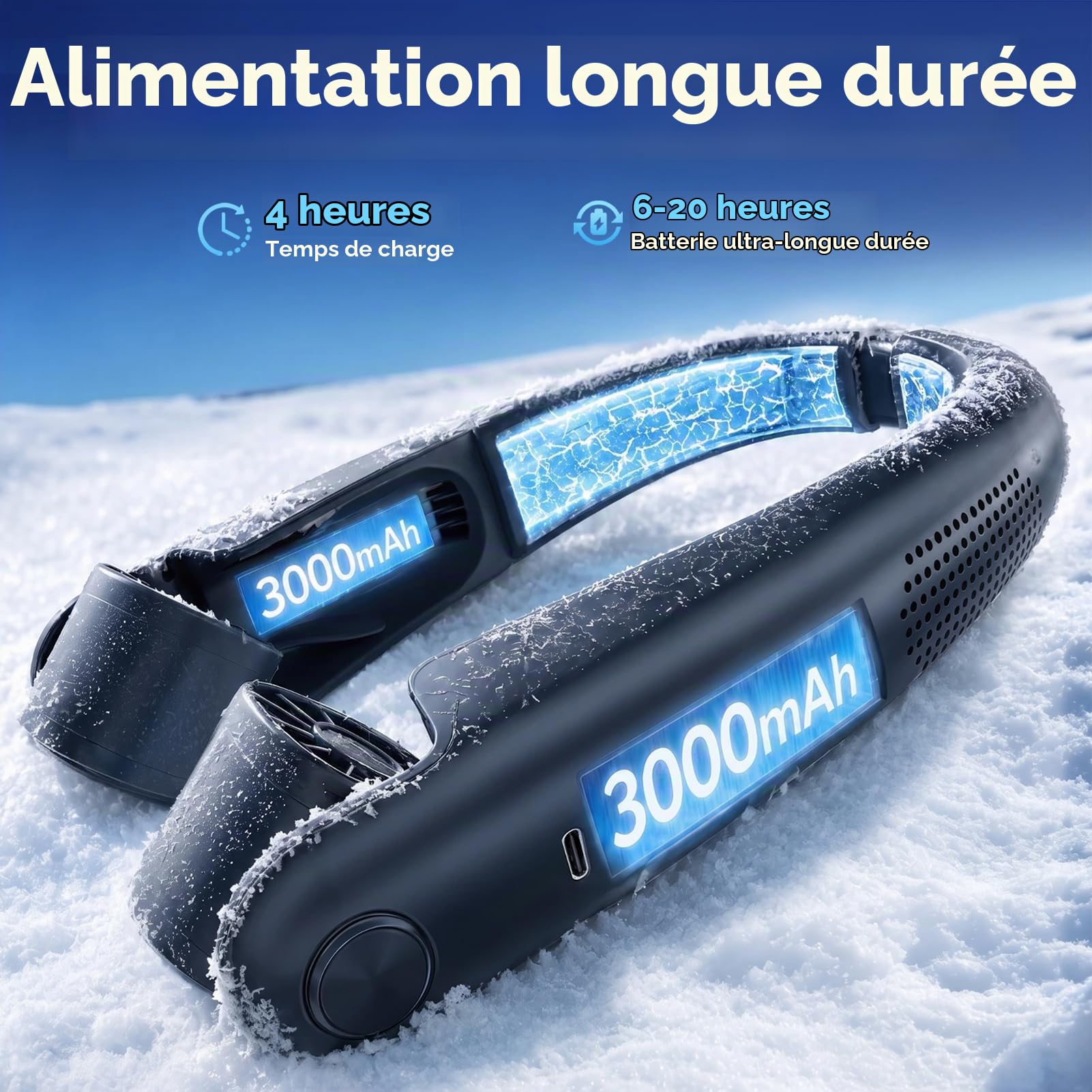 Ventilateur de Cou Climatiseur Mobile avec Plaques Rafraîchissantes, Affichage LED, Réglage de la Vitesse de 1 à 100, Sorties d'air Réglables, Batterie 6000mAh, pour Enfant & Adulte Bureau Voyage