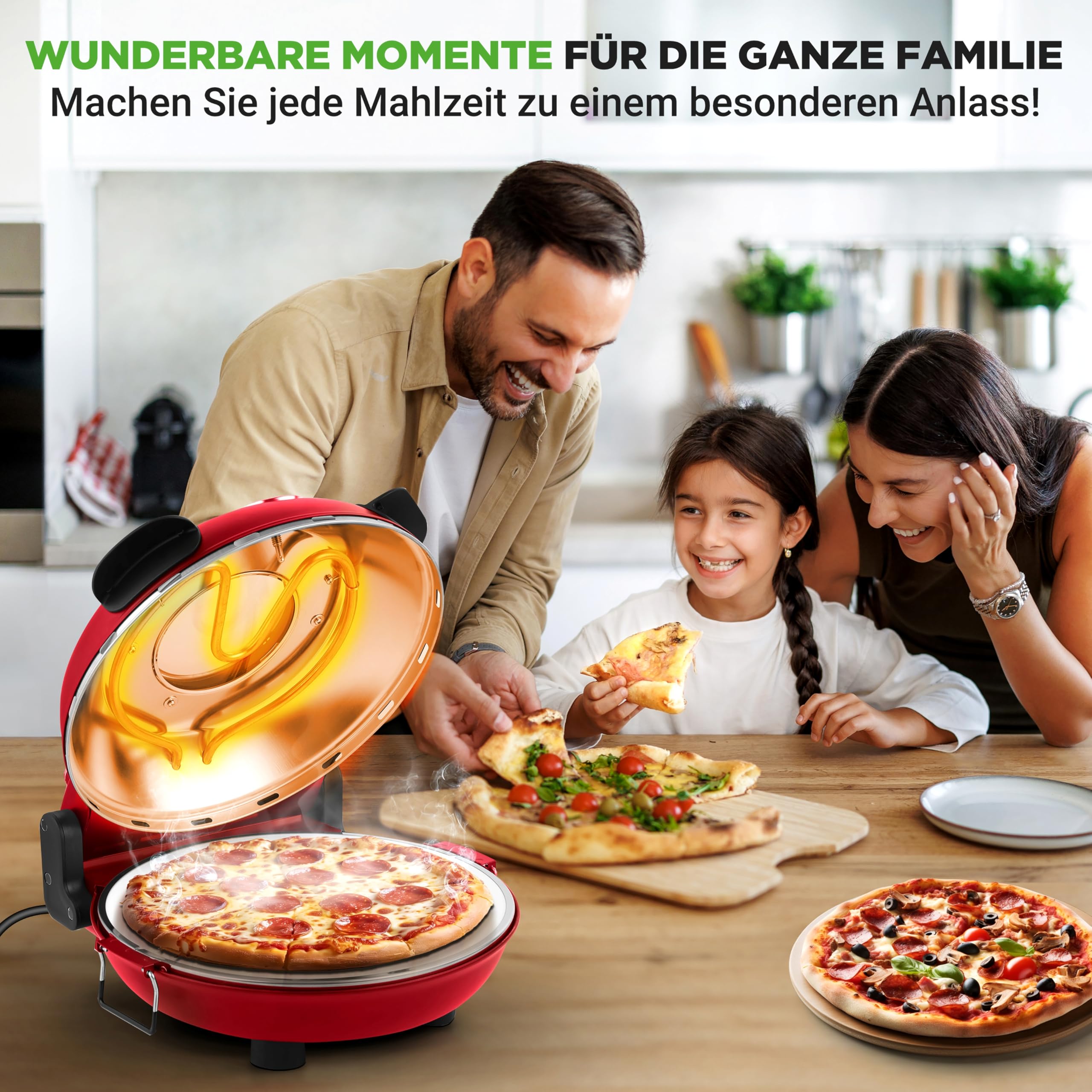 NutriChef Pizzaofen Elektrisch – Ø 35,5cm Abnehmbarer Keramikstein, 1200W bis 430°C, Ober-/Unterhitze Getrennt Regelbar, Sichtfenster, Antihaft