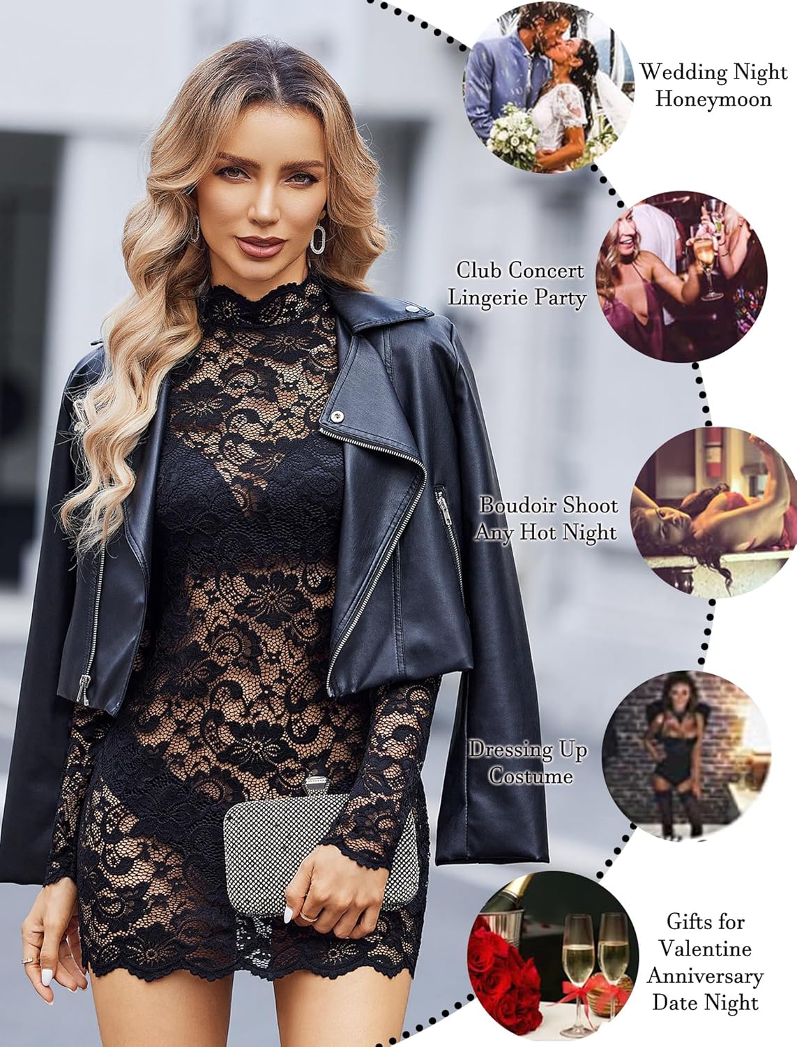 Avidlove Womens Sheer Lace Dress Sexy Long Sleeve Dress See Through Lingerie Short Mini Dresses for Party (No Linling) - Image 6