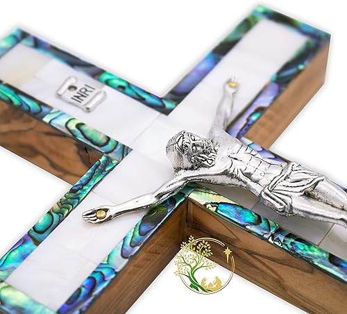 Miniatura 8 de Pequeña cruz decorativa de pared de nácar hecha a mano en Tierra Santa | Crucifijo de pared de madera de olivo | Cruz católica de madera | Hecho por