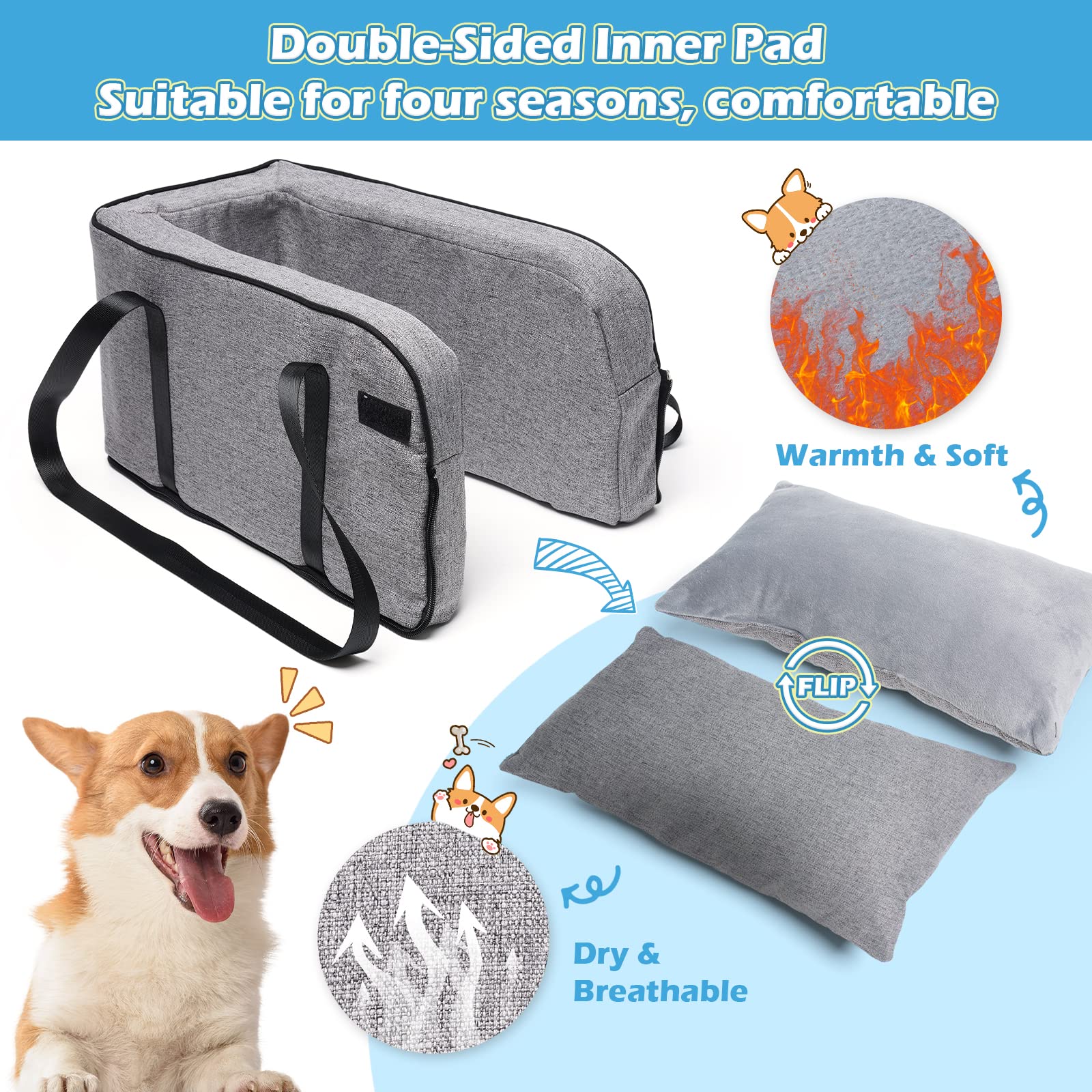 HundeAutositz für Kleine Hunde Katzen Abnehmbarer und Waschbarer Hundesitz für Kleine Haustiere Bis zu 6KG Mittelkonsole für Hunde und Katzen