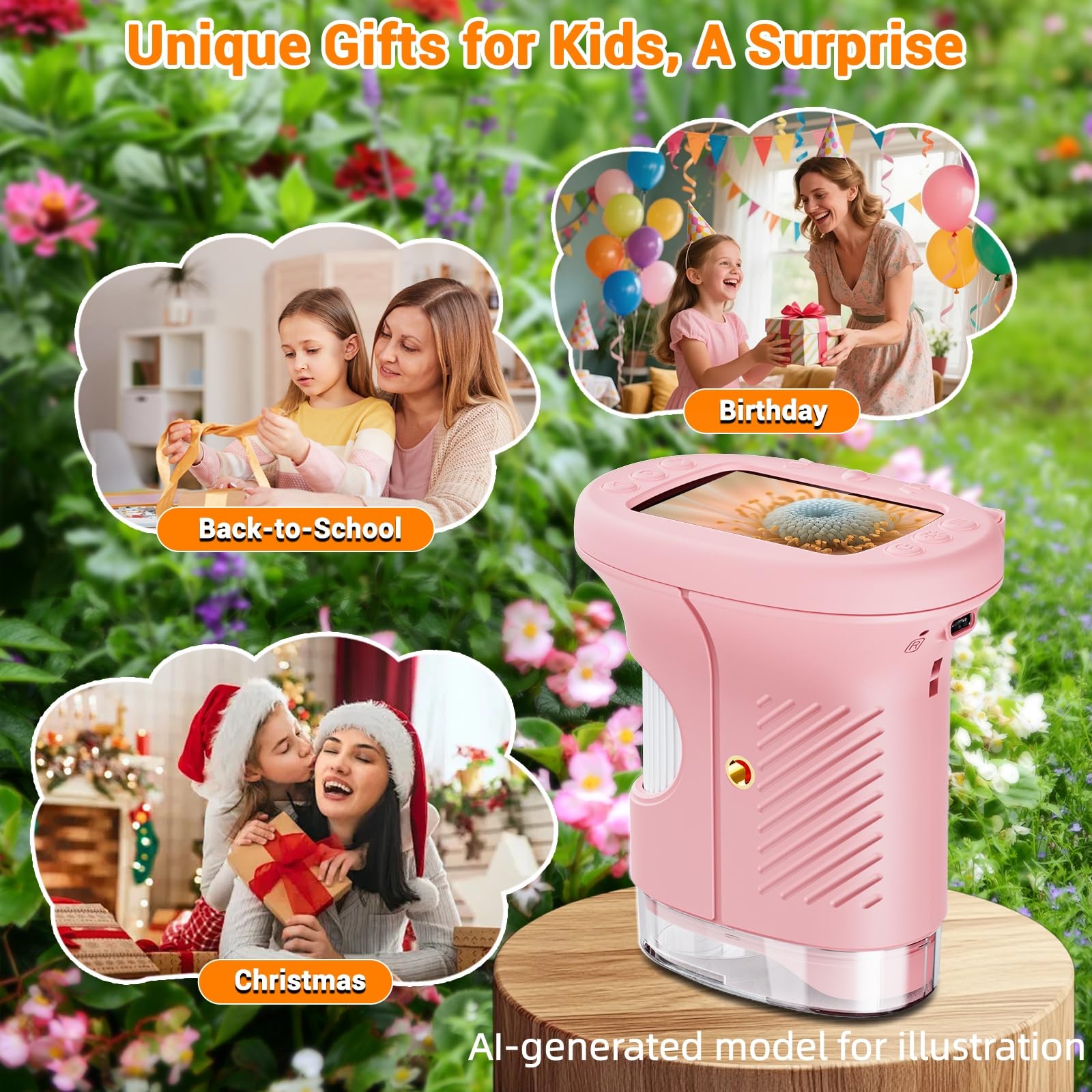 Microscopio per bambini, 1000x, portatile, con schermo da 2,4", digitale, portatile, regalo di Natale e compleanno per bambini dai 3 anni in su (rosa)