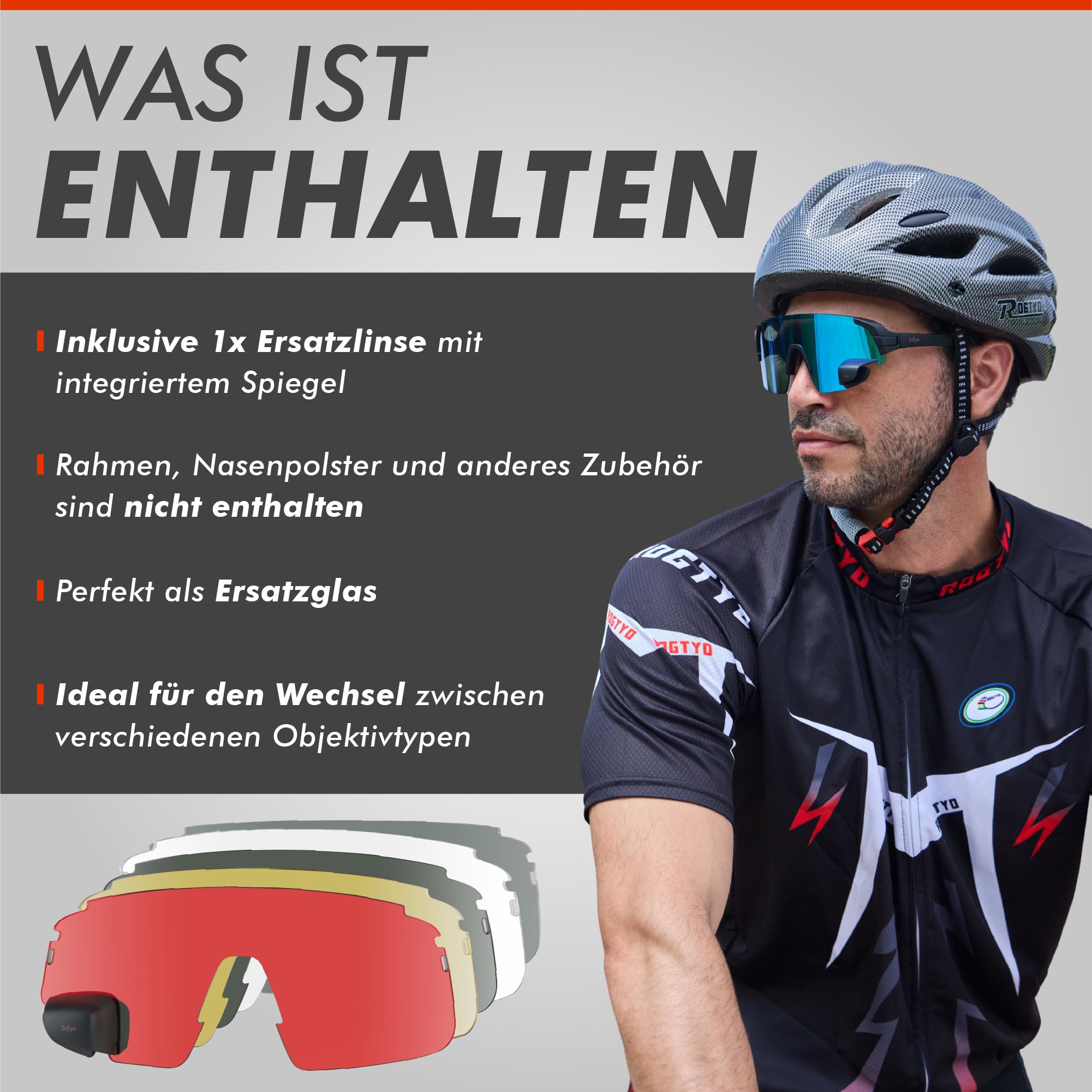 TriEye Ersatzlinse mit Rückspiegel – UV400-Fahrradbrille, kratzfest und langlebig für Straße und Pendler