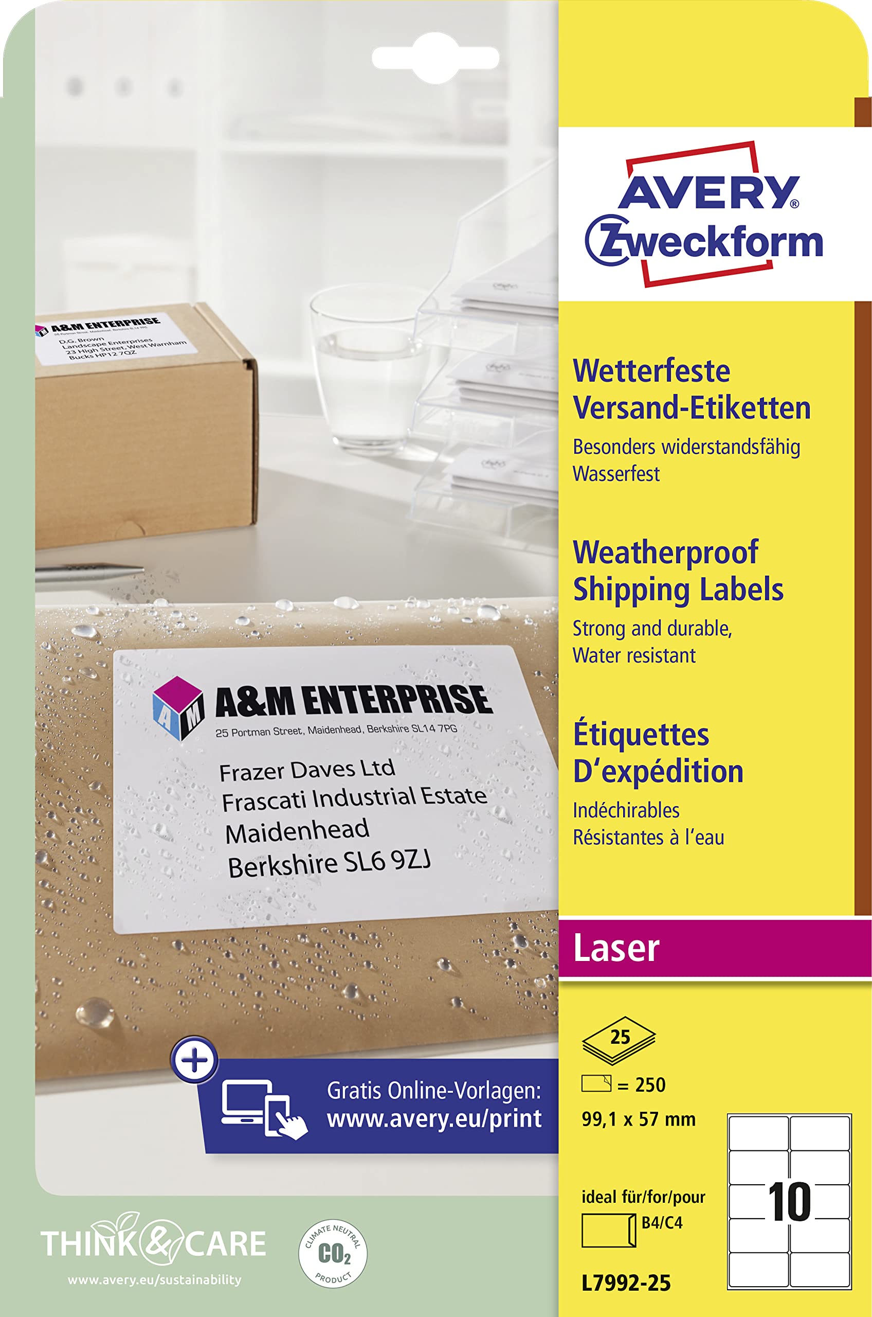 AVERY Zweckform L7992-25 wetterfeste Versandetiketten/ Versandaufkleber (250 Etiketten, 99,1x57mm auf A4, bedruckbar, selbstklebend, für DIN B4/C4 Umschläge und Versandrollen) 25 Blatt, weiß