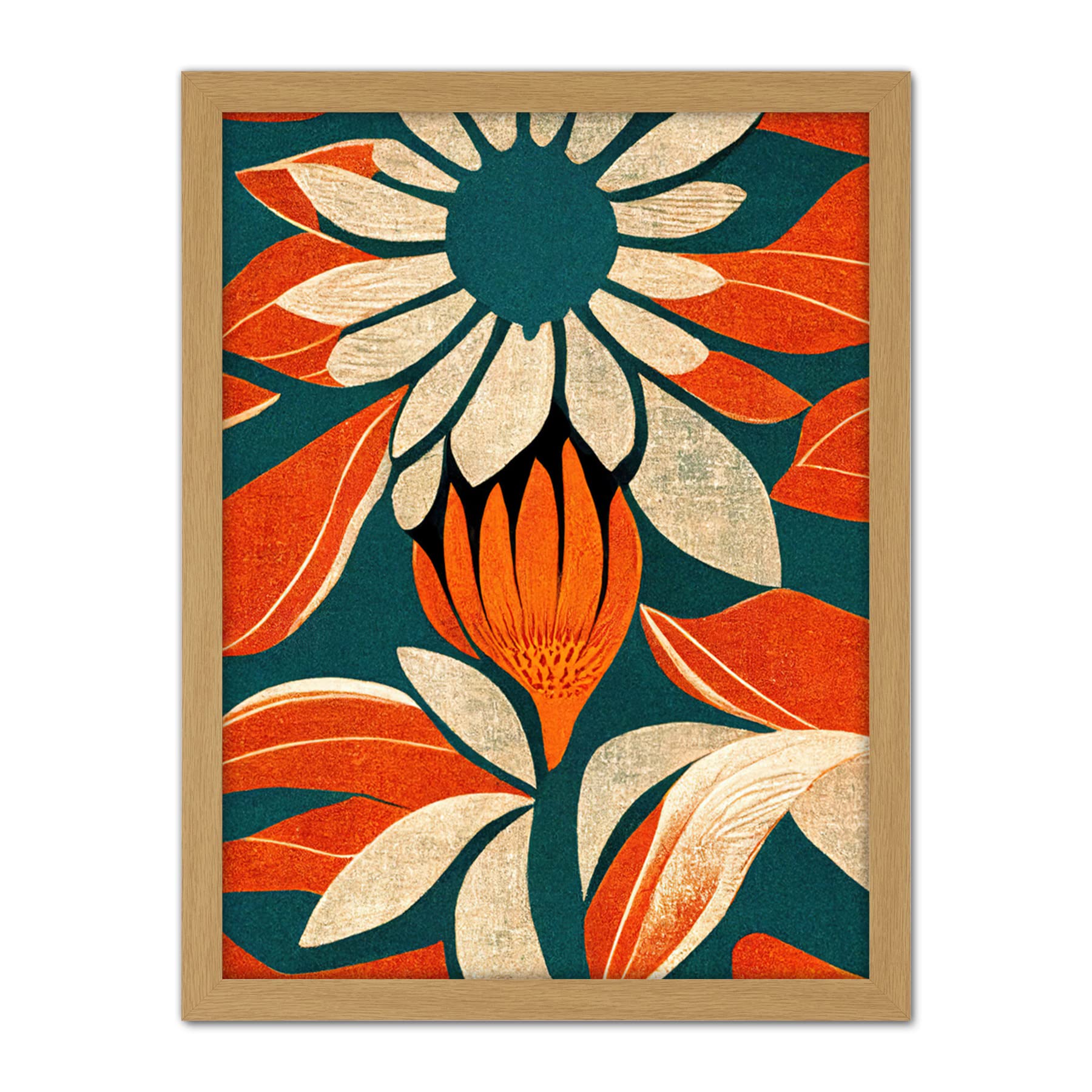 Doppelganger33 LTD Flower Design Teal Orange Abstract Linocut Artwork Framed Wall Art Print 18X24 Inch