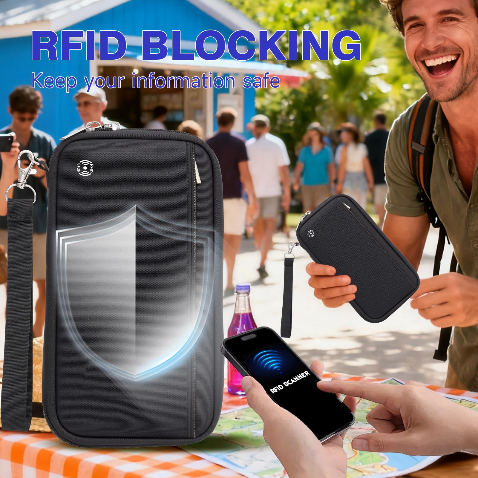 WALNEW Reisepasshülle für 10 Personen, RFID-blockierende Brieftasche und Dokumenten-Organizer, Reisepässe mit Reißverschluss, für Karten, Bordkarten, Geld, Tickets, Reiseutensilien