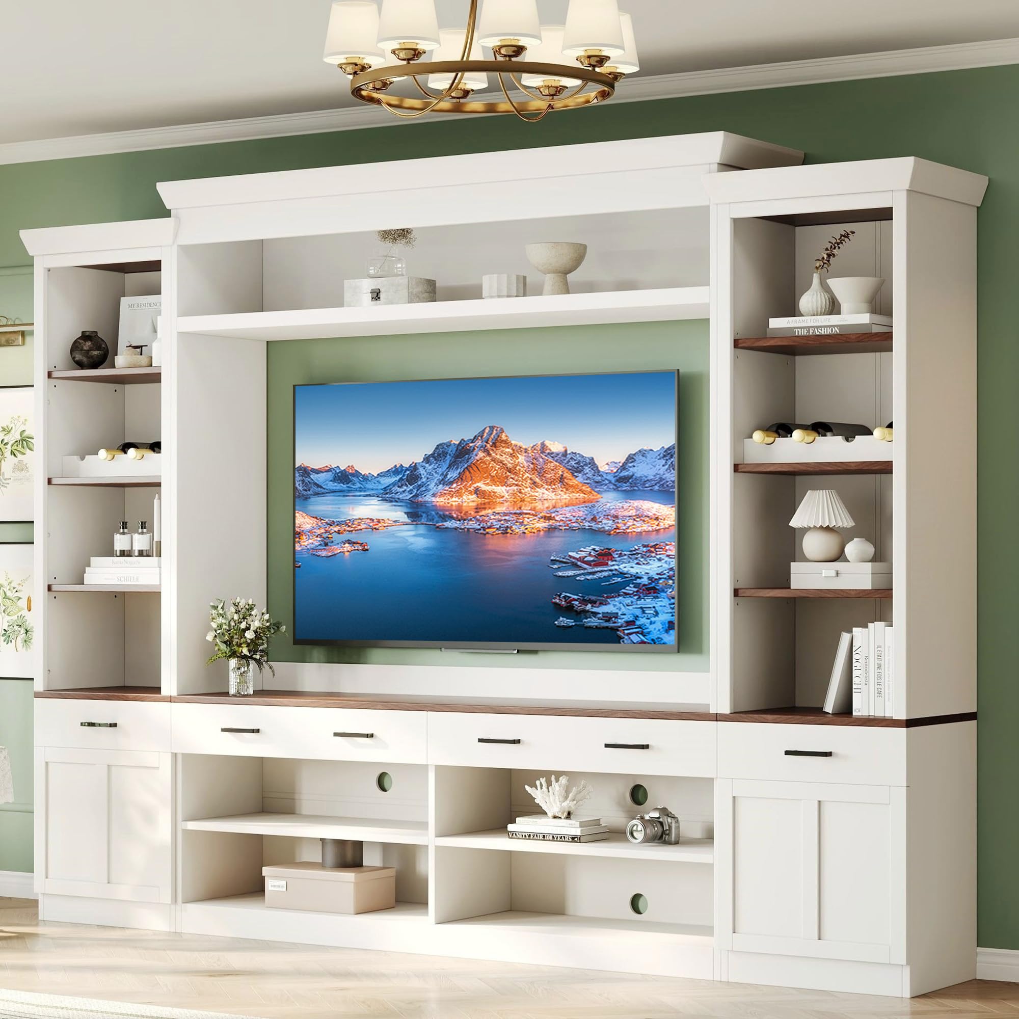 108" W Wall Unit Entertainment Center with Bookshelves, Entertainment Wall Unit for TVs up to 70 Inch, 4-in-1 Media Center with Wine Rack, Drawers,