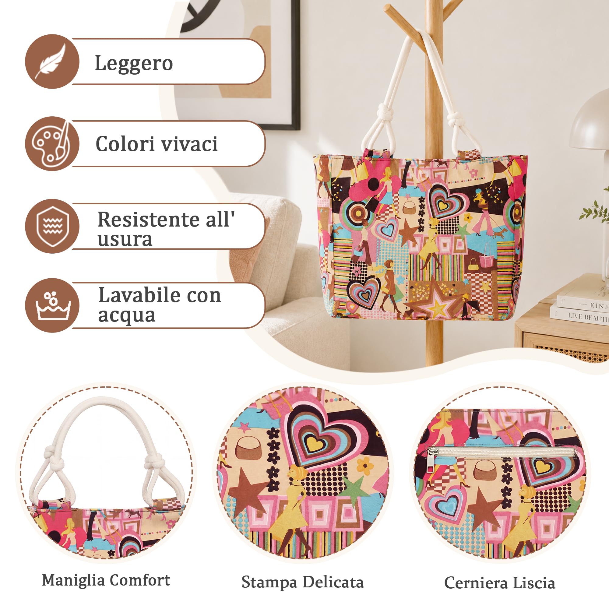 Borsa Donna Grande in Tela Shopper Grafica Collage Borsa a Spalla