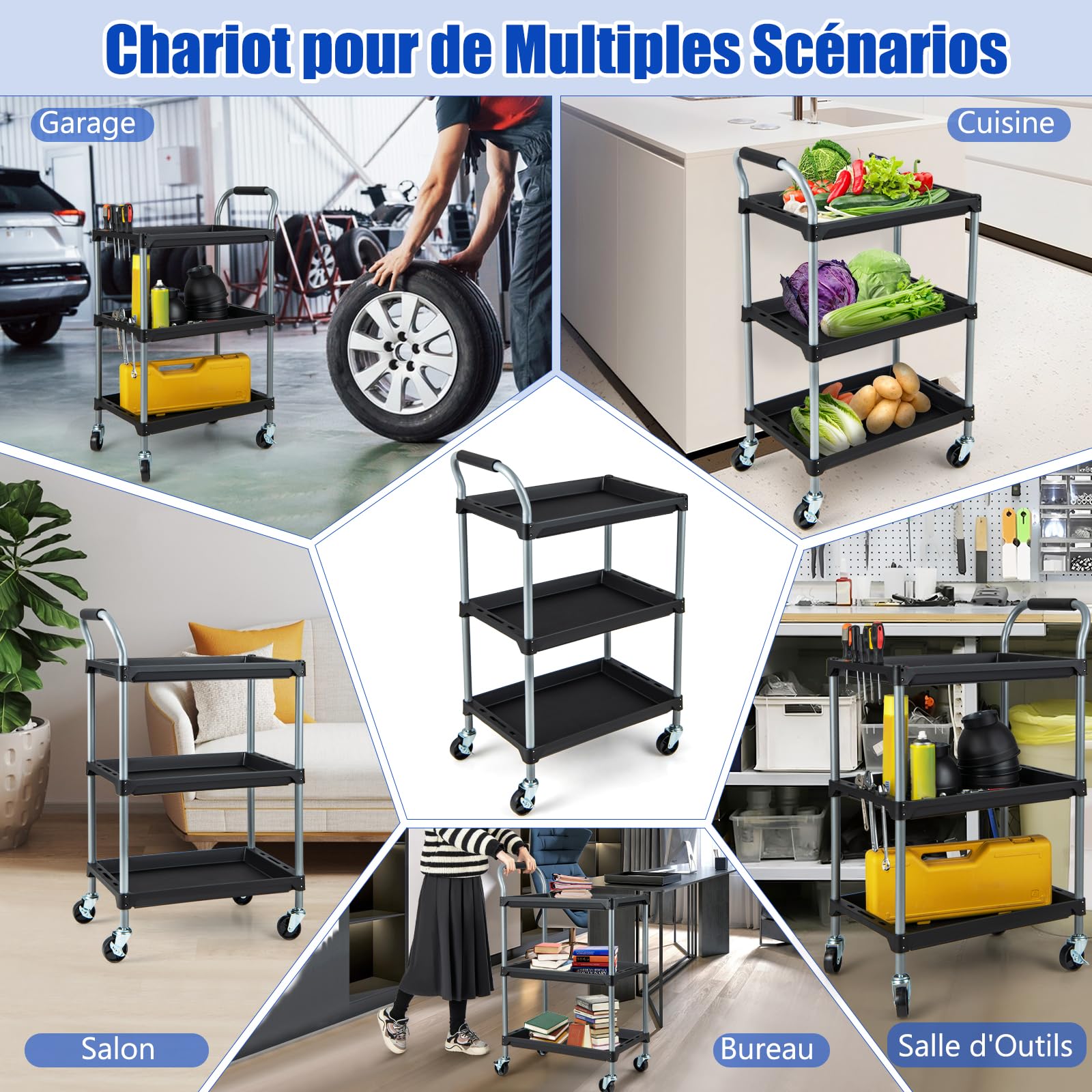 GOPLUS Chariot Servante Outils, Chariot de Service Porte Outils à 3 Étagères avec Trous de Suspension avec 4 Roues et Poignée, pour Garage, Atelier et Entrepôt, 64 x 40 x 102 CM