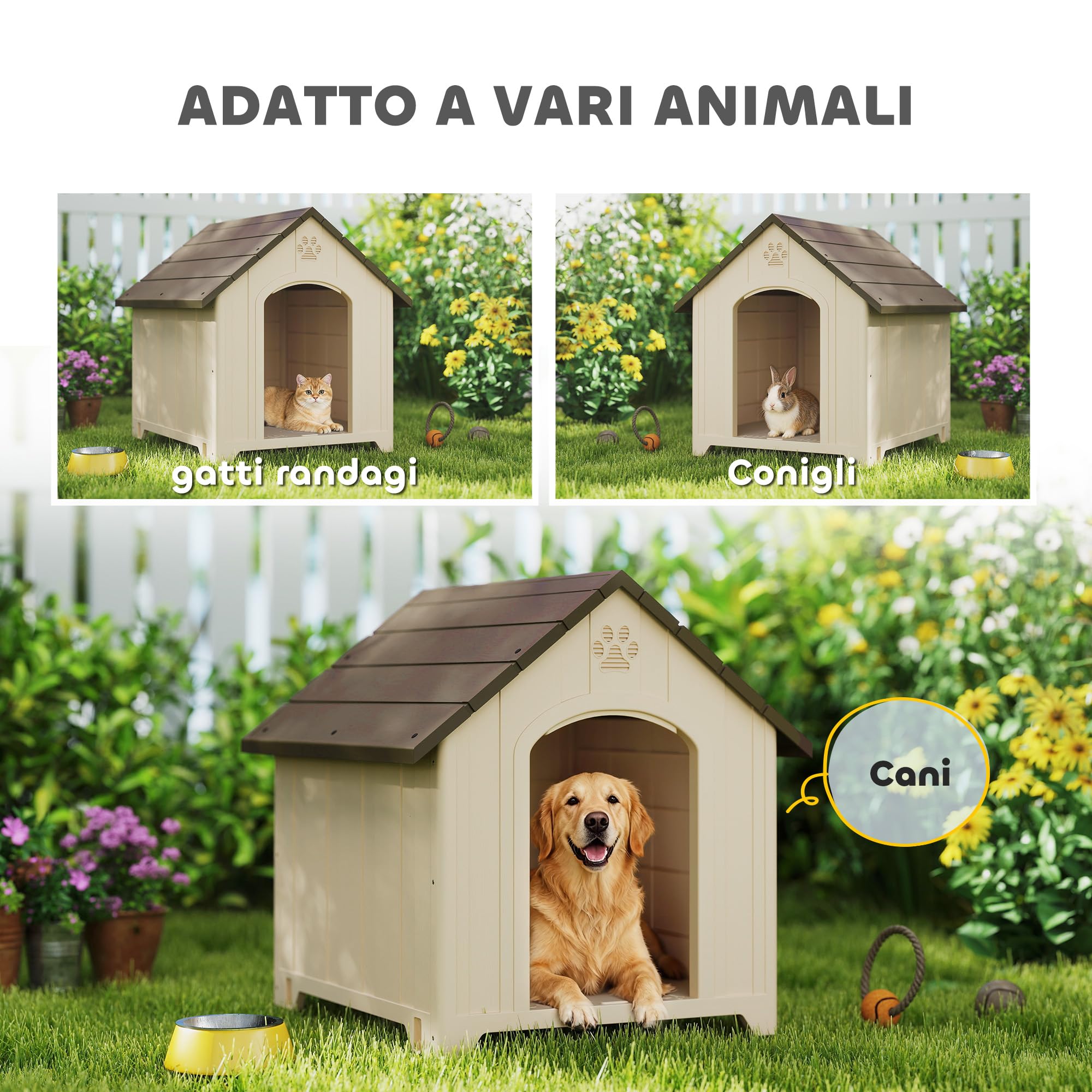PawHut Cuccia per Cani da Esterno, Taglia Media Grande, Casetta per Cani in Plastica Impermeabile con Base Rialzata, Finestre e Tetto Spiovente per Giardino, Patio, Terrazza, Casa, 88x78x89 cm, Beige